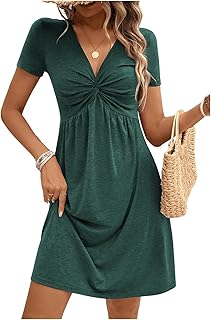 Vestidos de Mujer Verano Vestido Cortos Elegantes Cuello en V Vestido con Nudo Frontal Manga Corta Casual Vestidos de Playa Color Sólido