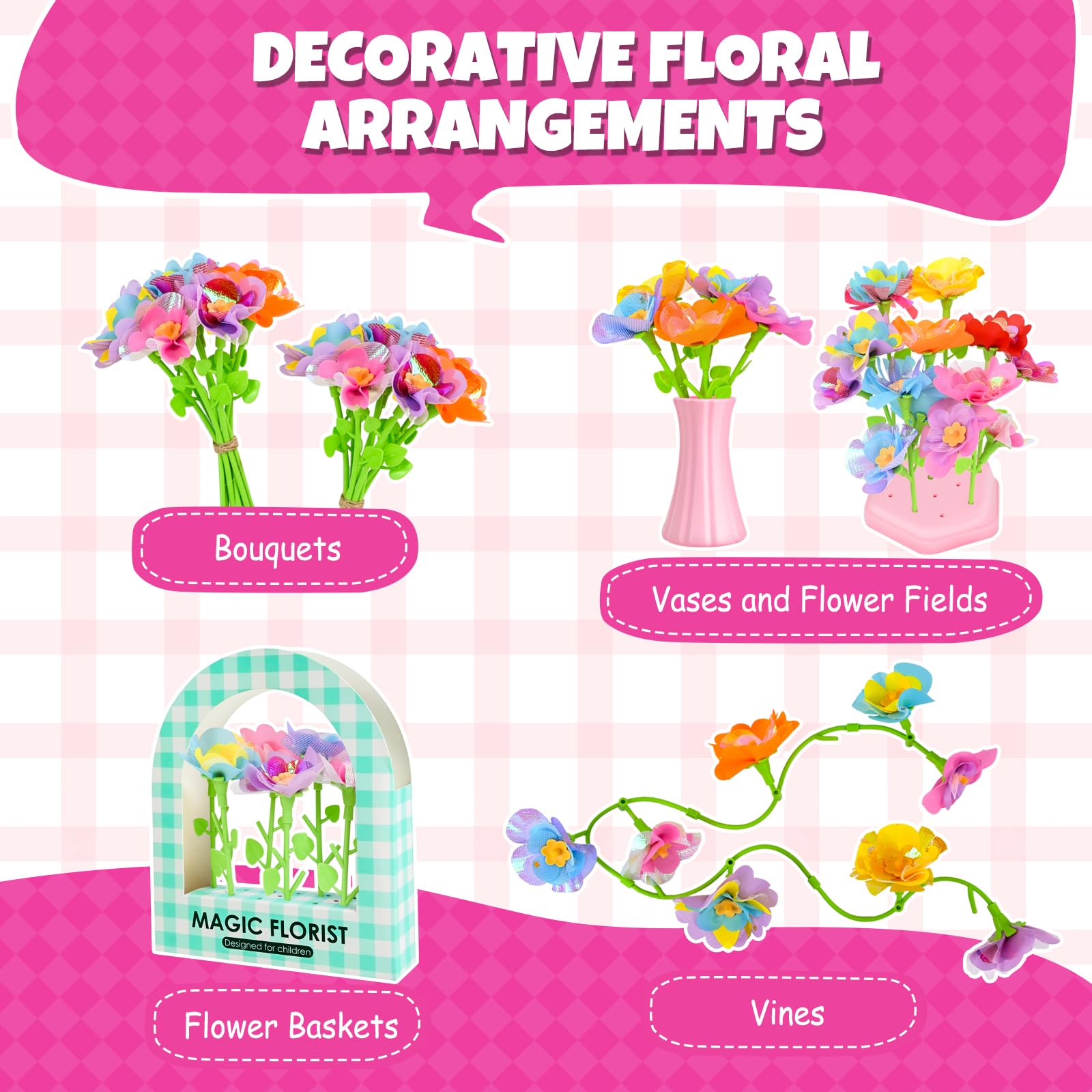 Joellfuner Fabrique de Fleurs Enfant, Kit de Bouquet de fleurs DIY pour Enfants, Création Bouquet de Fleurs avec Machine à Fleurs, Jouet Fleurs Activité Manuelle Enfant Fille 3 4 5 6 7 Ans, Rose