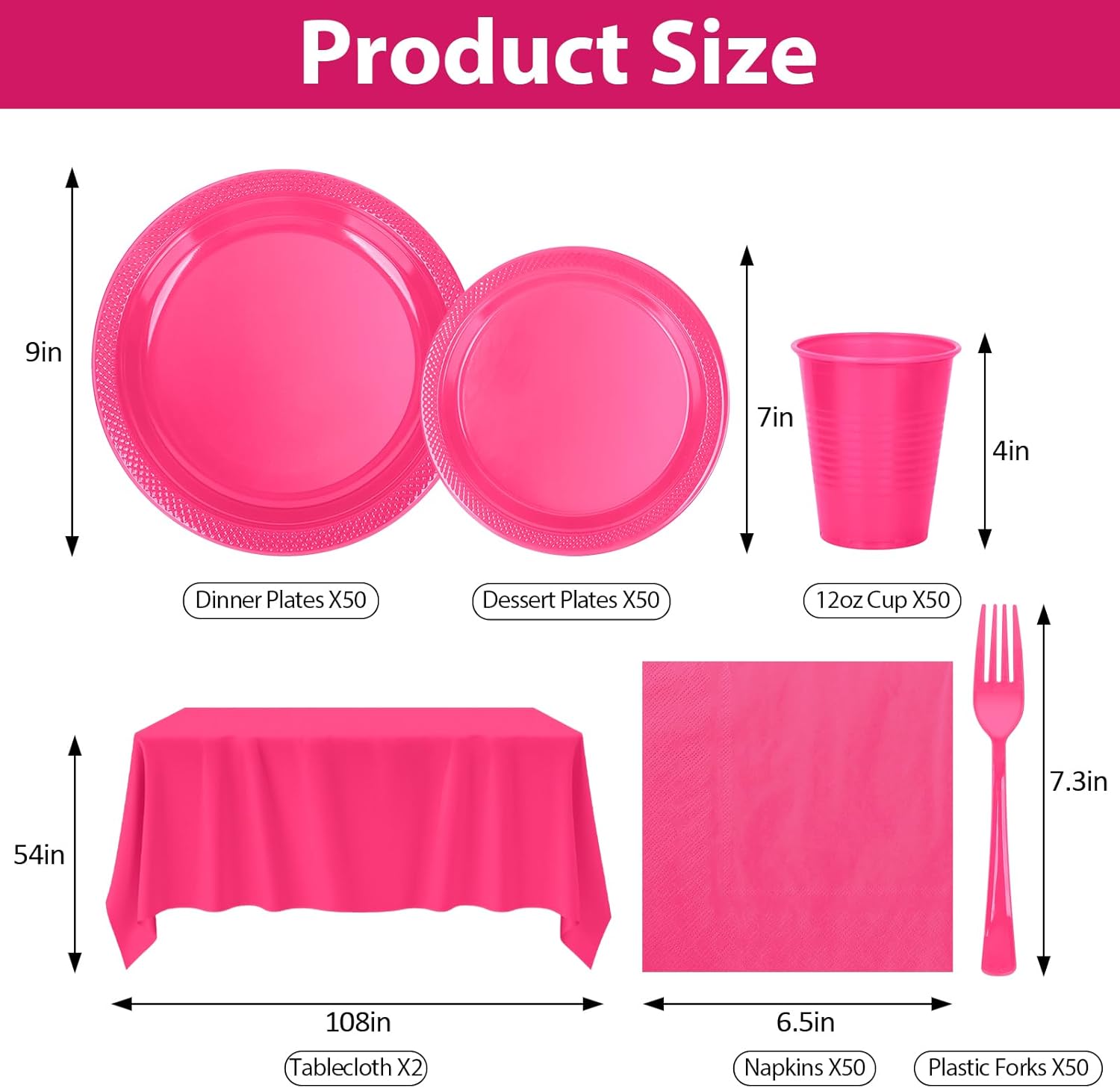 hot pink plastic plates for party,50 guest disposable plastic plate set 9" plates,7" dessert plate,napkins,cups,forks & tablecloth for girls women,summer party,birthday 50 guests hot pink
