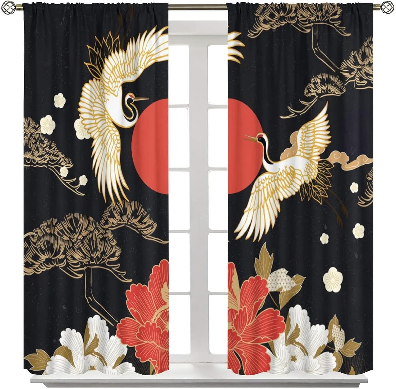 Abstract Japan Blackout Curtains,Vintage Black Gold Japanese Pine Tree Red Sun Crane Floral Window Curtains Rod Pocket Thermal Insulated Room Darkening Blackout Curtains 2 Panels 84L x 42W