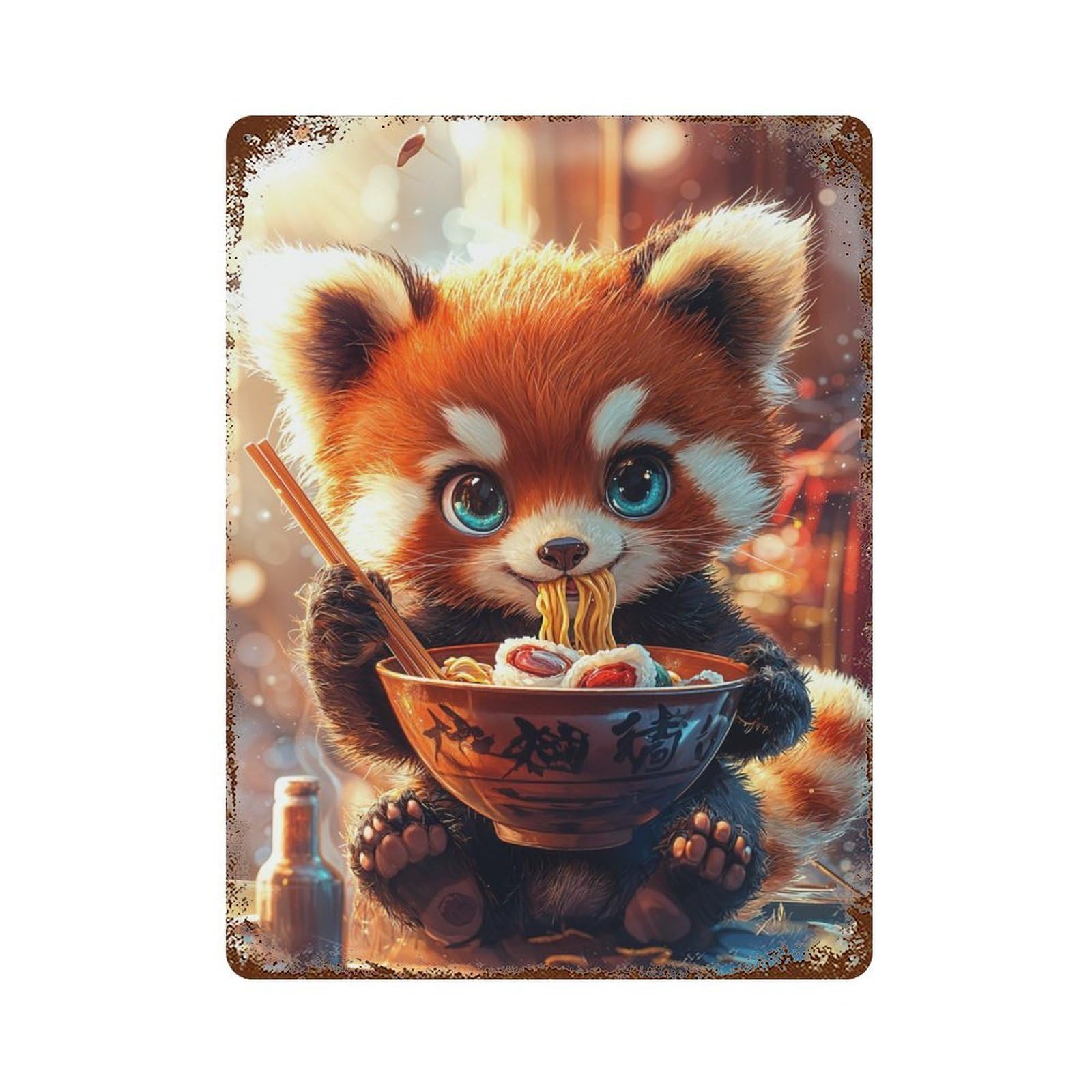Red Panda Eating Ramen Distressed Metal Wall Sign 15.7"x11.8", Ideal for Garage, Bar And Workshop Decor