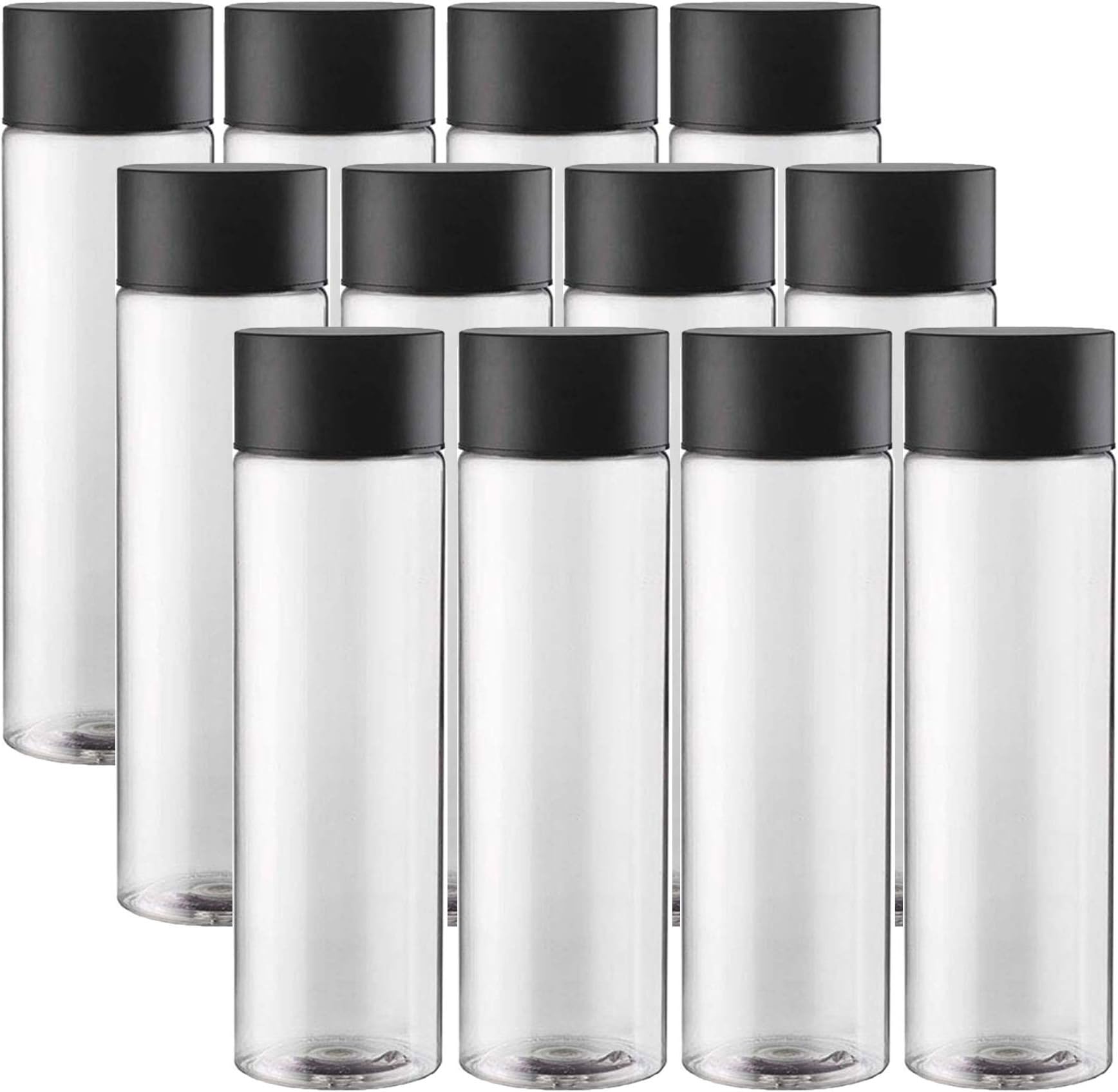 12-Pack Bulk Empty Plastic Reusable Juice / Water Bottles with Black Lids - Great for Smoothies, Sensory Crafts and Calming Bottles - 400ml
