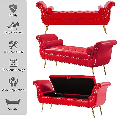 Miniatura 7 de Setawix Banco otomano de almacenamiento de piel sintética, banco de cama de 66.53 pulgadas, banco de cama con brazo enrollado copetudo con