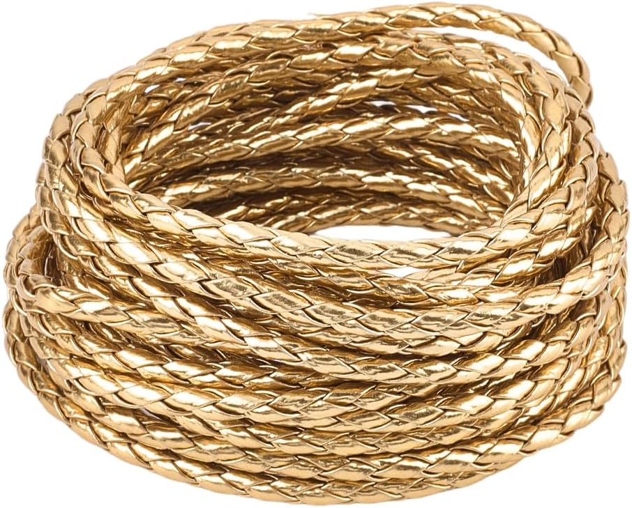GORGECRAFT 5.5 Yard PU Leather Cord 8mm Metallic Round Braided Bolo Leather Cord Gold Leatherette Strip Braiding Antique Strap for DIY Crafts Bracelet Choker Necklace Anklets Keychain Jewelry Making