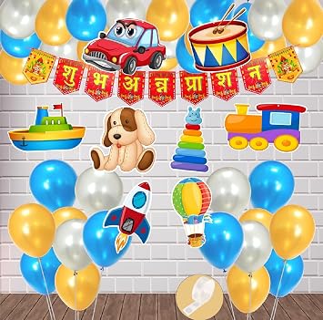 Agk Annaprashan Decoration Set for Baby Boy With Banner Balloon Cardstock Cutout , Annaprashan Ceremony Decoration Items, Rice Ceremony Decoration Item (Set of 48)