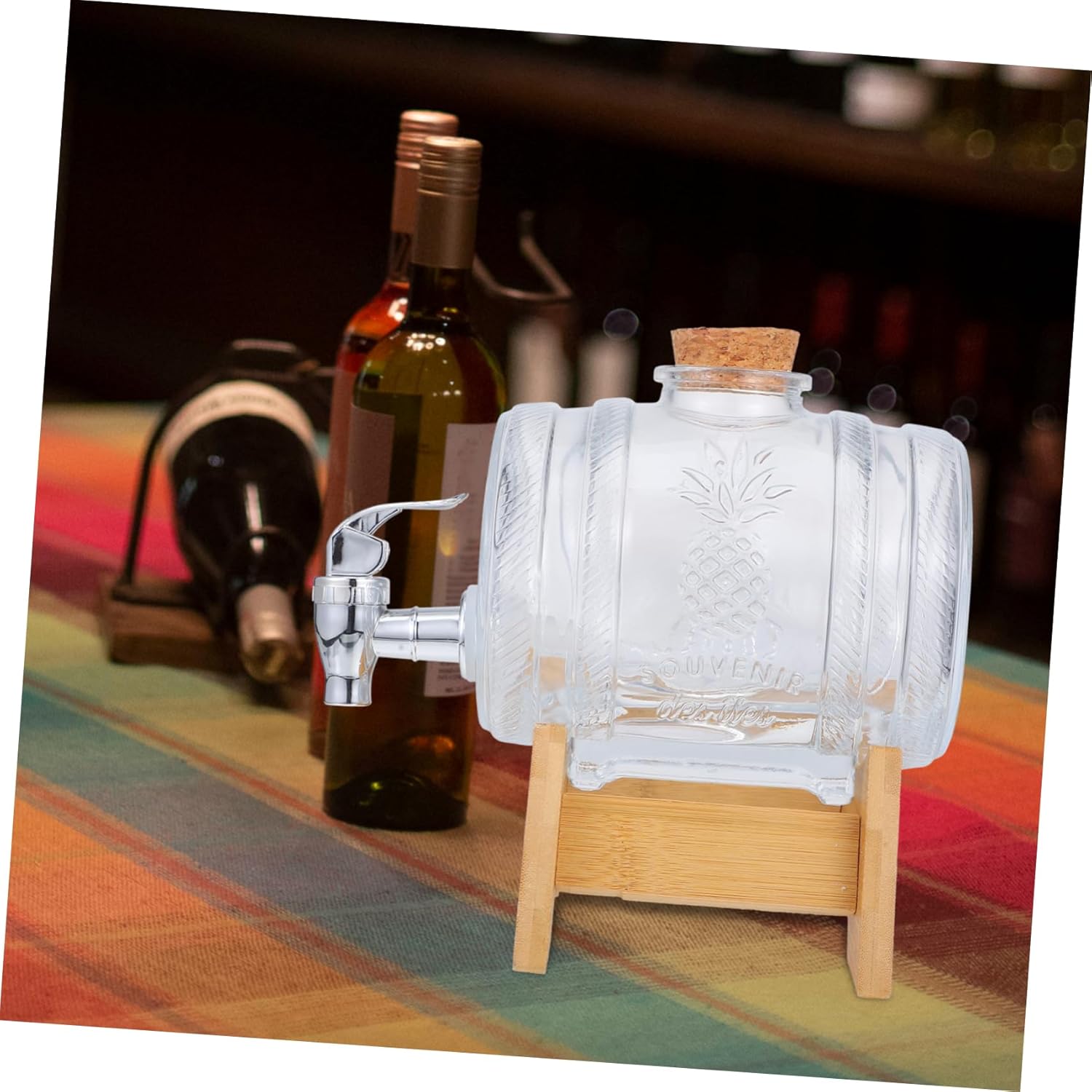 Gatuida 1set Retro Glass Drink Barrel Bamboo Stand Sealed Beverage Container for Home Parties and Weddings Stylish Glass Wine Bottle Dispenser