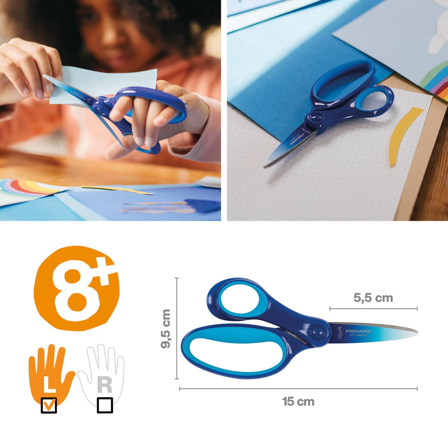 Fiskars Forbici per Bambini da 8 a 11 Anni, Per Mancini, SoftGrip, Lunghezza: 15 cm, Effetto Ombre, Blu, 1067854