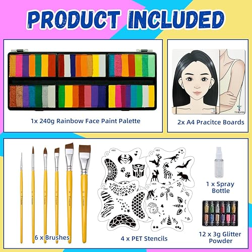 Miniatura 4 de Kit de pintura facial de 8.47 oz de tortas divididas arco iris, paleta de pintura facial profesional para niños y adultos con purpurina, plantillas,