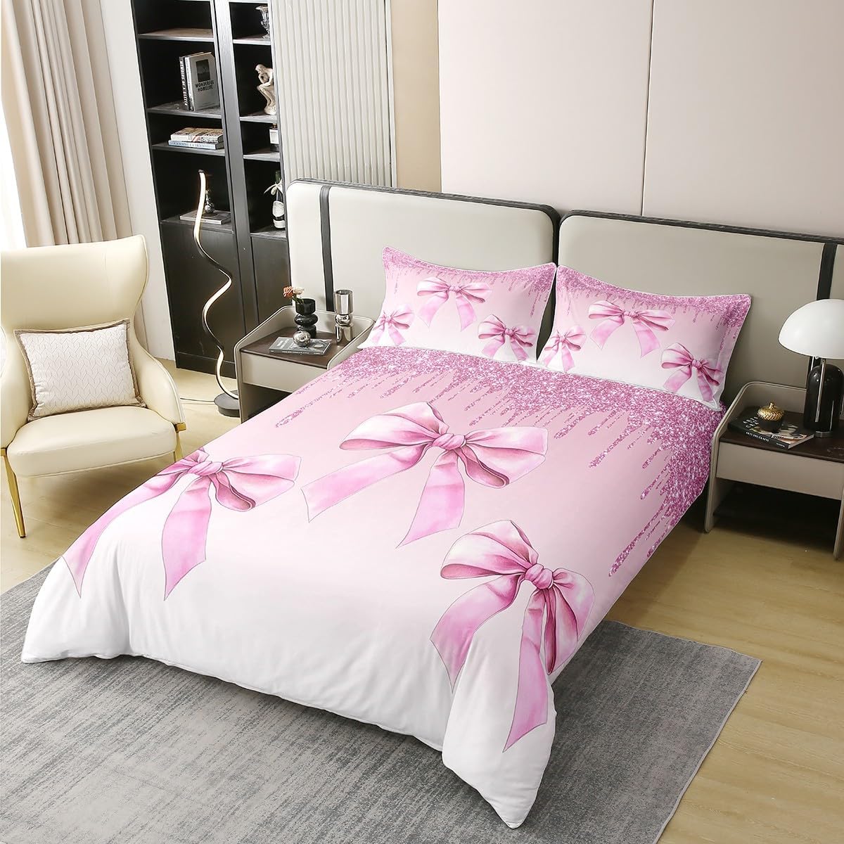 Erosebridal 100% Cotton Pink Bowknot Girls Comforter Cover Full,Girly Dreamy Glitter Sequins Print Bedding Set,Stylish Glamorous Romantic Quilt Cover,Reversible
