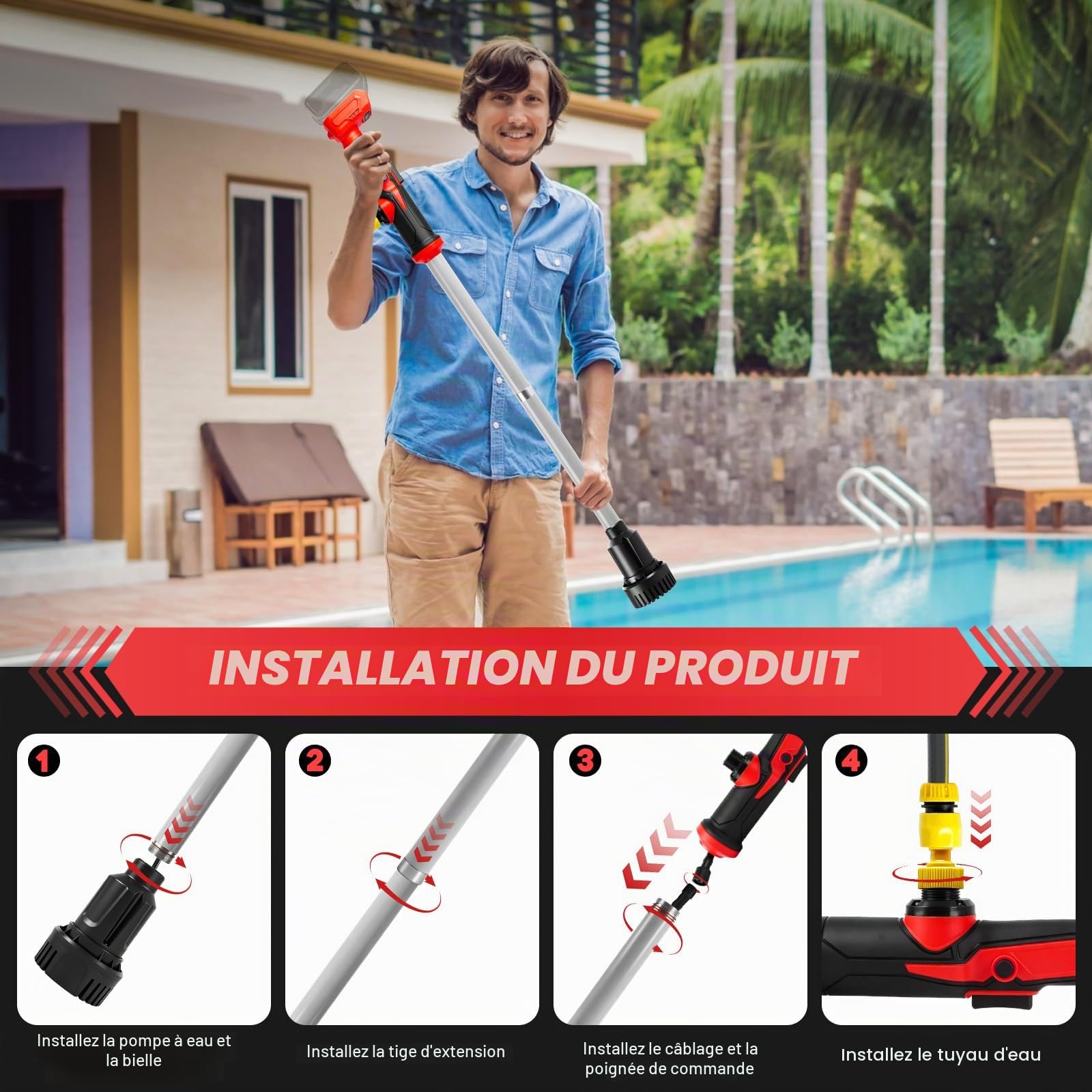 Pompe de transfert d'eau sans fil pour Milwaukee 18V (sans batterie) | 90 l/min, pompe de puisard portable, 1,5m tuyau et buse, pour piscine, jardin, étang