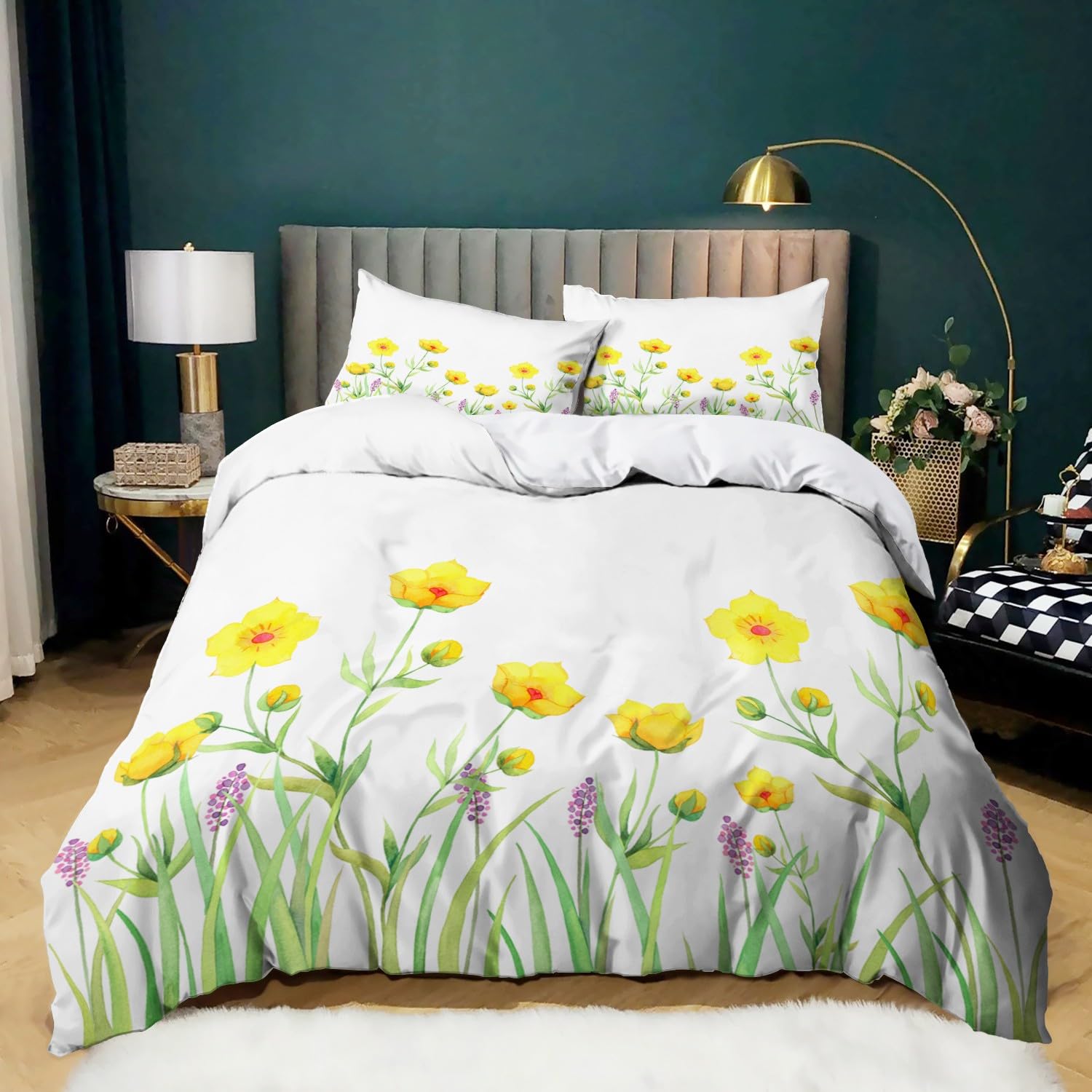 Housse de couette 220x240 cm parure de lit enfant motif floral dessiné main en microfibre