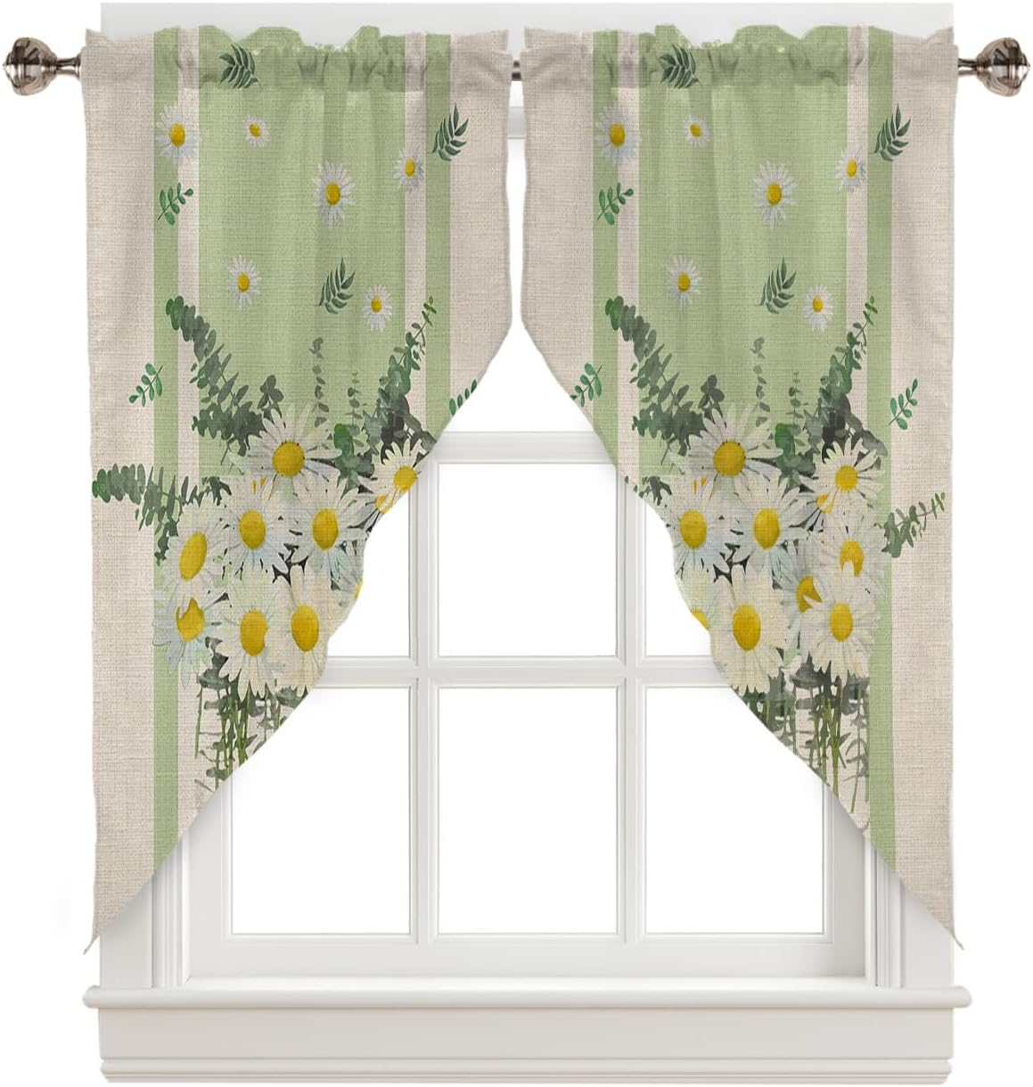 Swag Curtain,White Daisy Flower Summer Plants Kitchen Valances Rod Pocket Curtains Tier Pair Swag Topper,Watercolor Floral Rustic Vase Cotton Linen 2 Panels Window Treatment for Bathroom Living Room