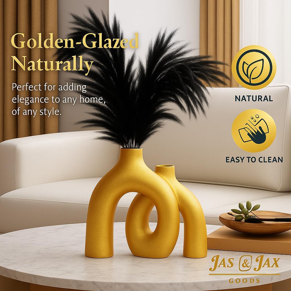Gold Ceramic Vase Set - Modern Hug Donut Ceramic Vases by JAS & JAX GOODS, Minimalistic Nordic Home Decor Centerpiece for Console Tables, Living Room, Bookshelf, or Fireplace Mantel