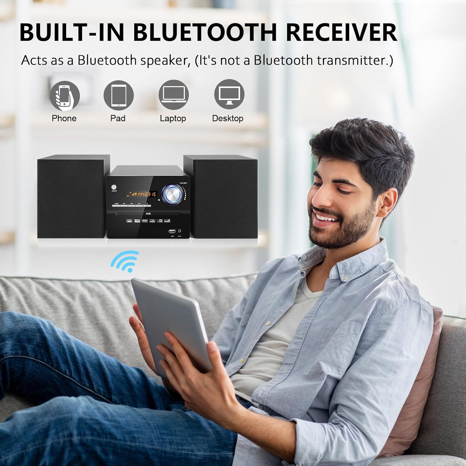 A person using a tablet with the JOVELL DVD-802 in the background, illustrating the built-in Bluetooth receiver for connecting phones, pads, laptops, and desktops.