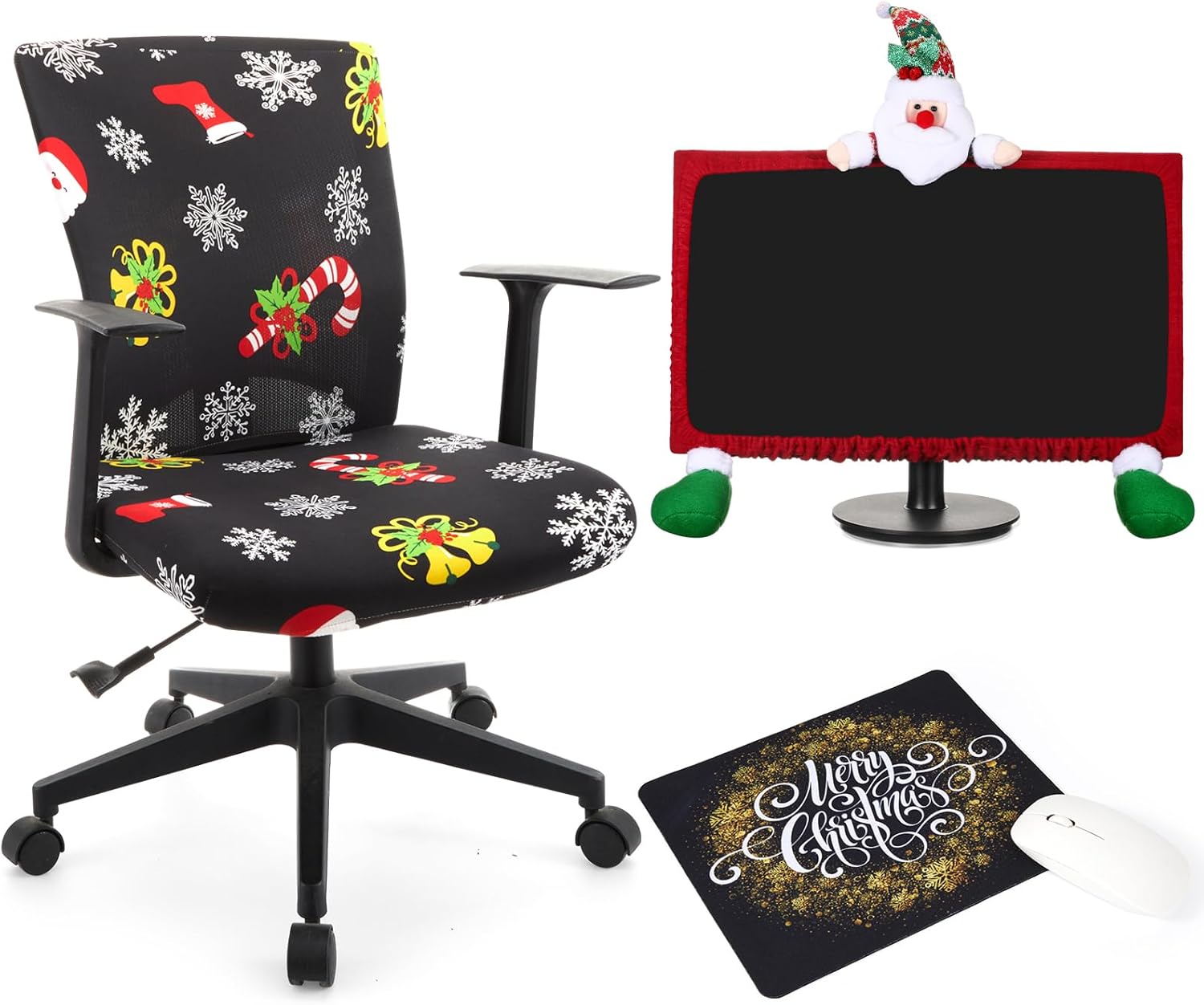 VitalCozy Christmas Office Chair Covers Set with Computer Monitor Cover and Mouse Pad Desk Chair Seat Covers Stretchable Protective Armchair Slipcovers (Snow,Black)