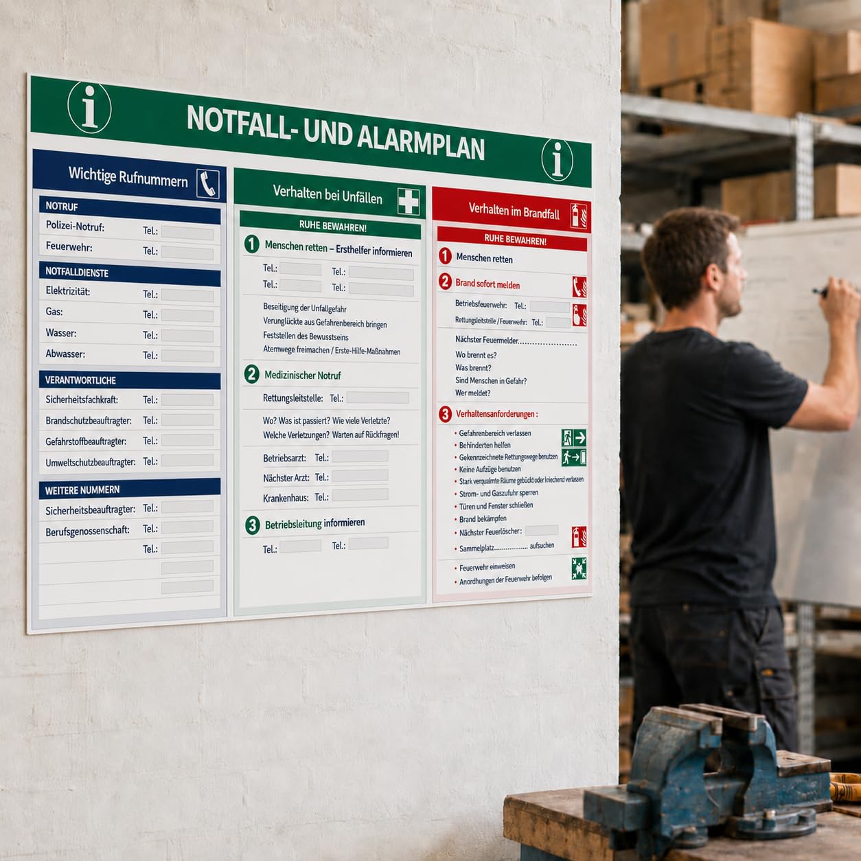 Señal de emergencia y alarma 600 x 400 mm | Cartel de seguridad con números de emergencia para escribir | Comportamiento en accidentes y casos de incendio | PVC duro para oficina, taller, escuela