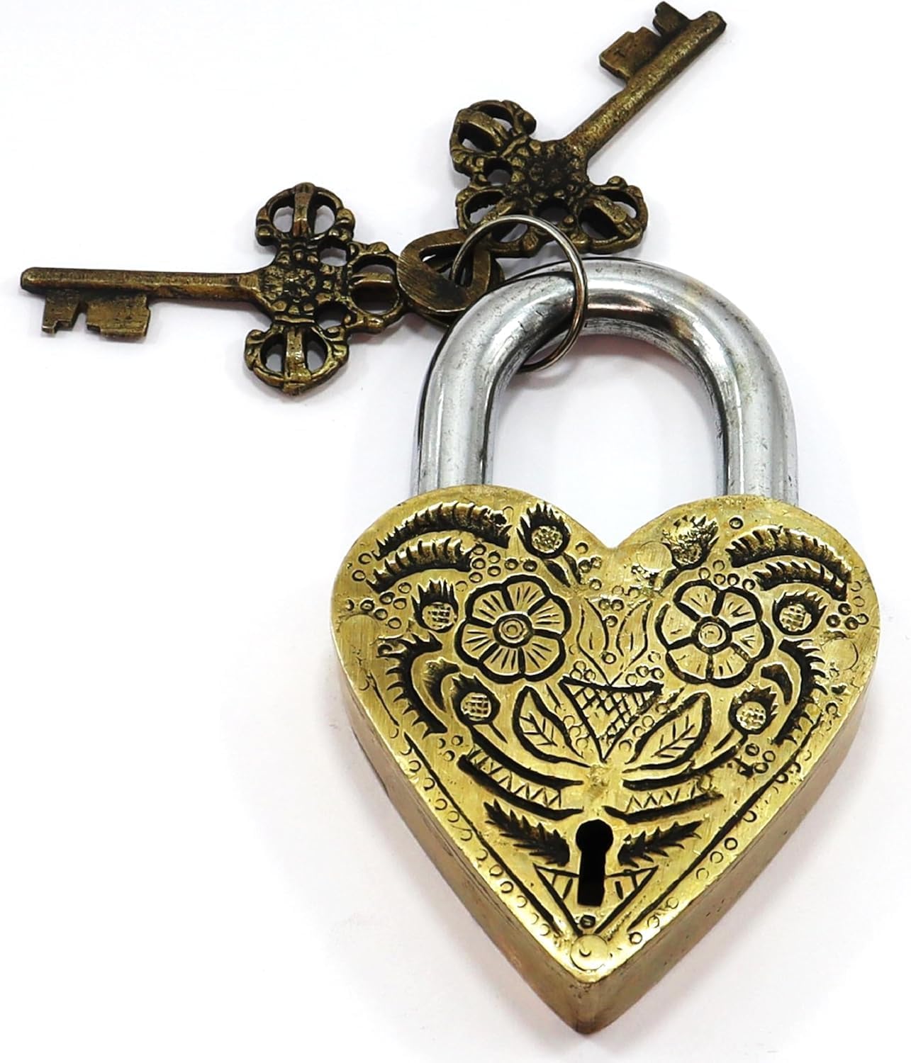 Brass Heart Shaped Antique Gold Style Door Lock Padlock with Two Flower Engraved Design and Working Keys - 4.7 x 1 x 2.5 Inches Pack of 1