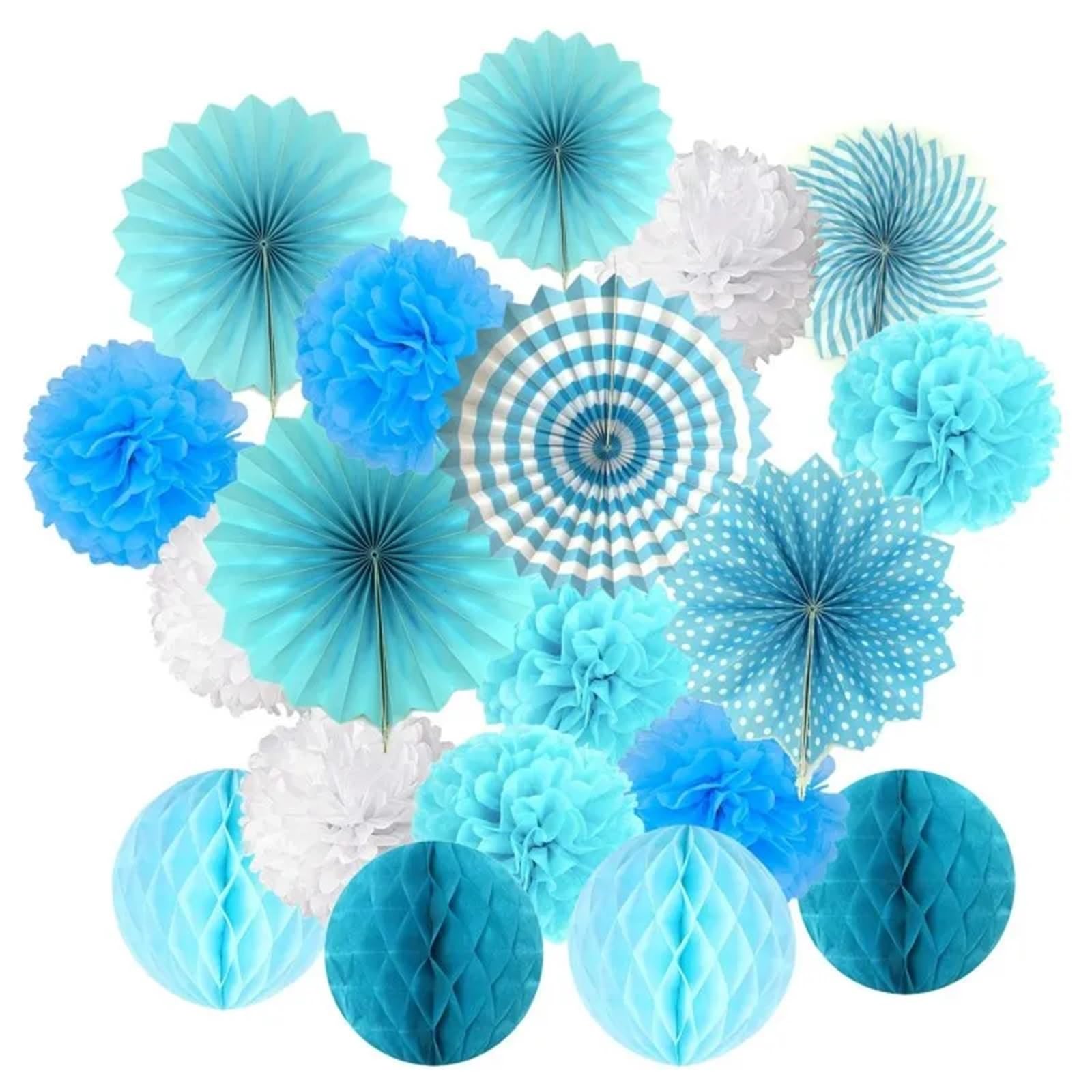 Paper Decorations 19Pcs Blue Tissue Paper Pom Poms Flower Fan and Honeycomb Balls for Birthday Wedding Festival Decorations(Color-01)