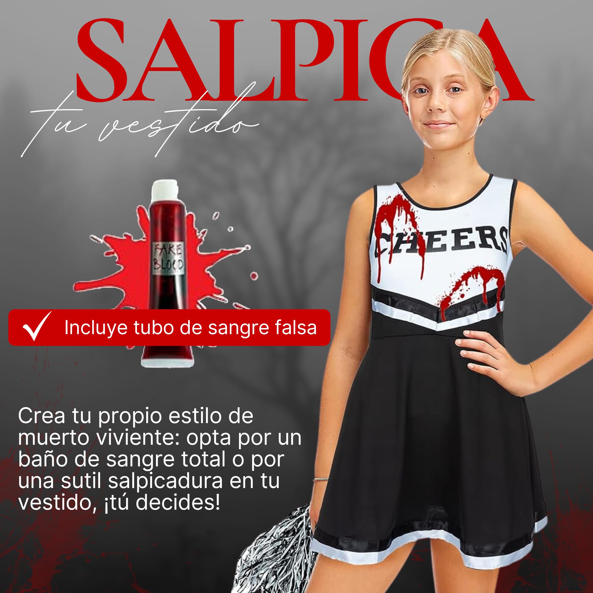 REDSTAR Dziewczyny Halloween Zombie Cheerleader Dead fantazyjny kostium dla dzieci uczennica upiorne dziecko zombie z tubą sztucznej krwi - kostiumy na Halloween imprezy