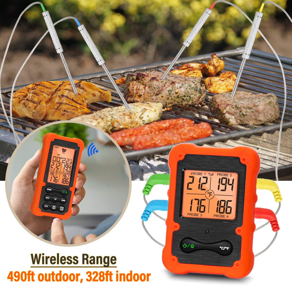Termómetro de carne inalámbrico digital para ahumar barbacoa con 4 sondas – Termómetro de cocina para hornear con aceite de freír profundo para hornear líquidos, carne de pavo y caramelo termómetro