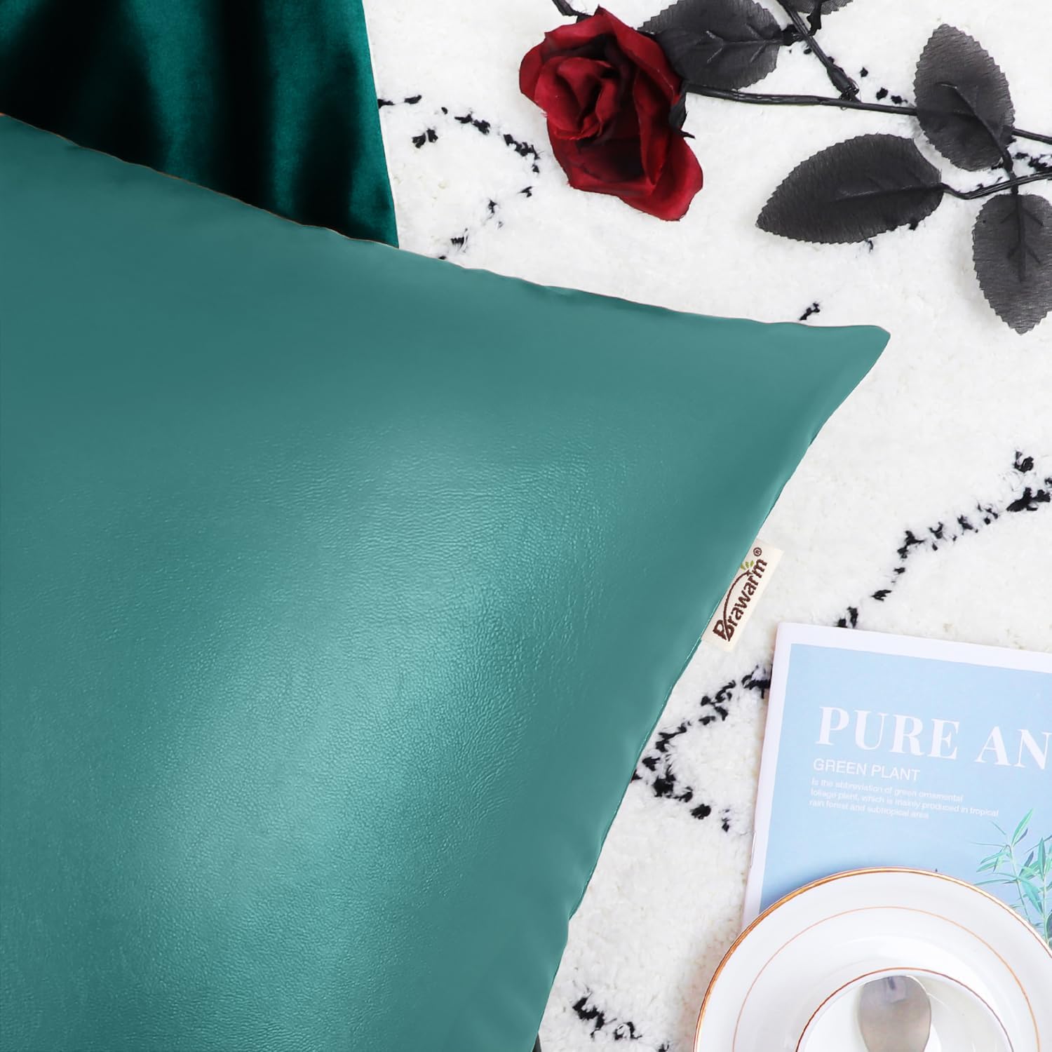 BRAWARM Faux Leather Throw Pillow Covers 18x18 Inches, Teal, 2 Pack image 5