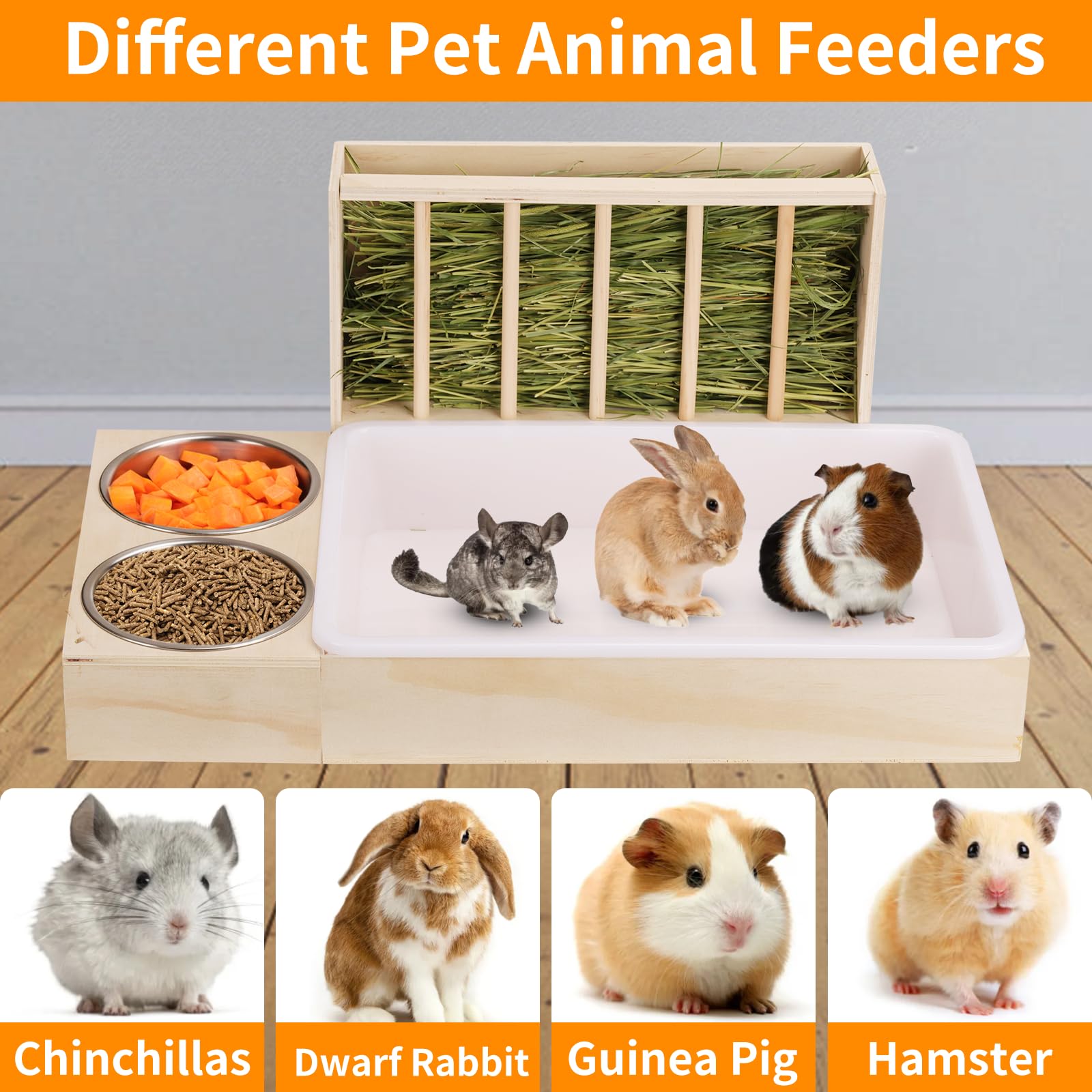 Caja de arena para conejos con comedero de heno y cuencos, comedero de madera para animales pequeños, cobayas y hámsters