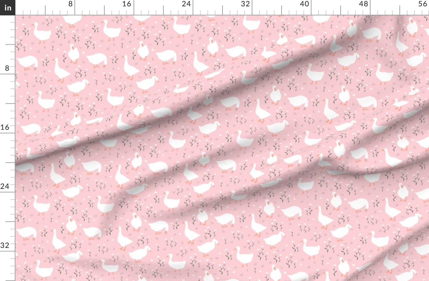 Spoonflower Fabric - Geese On Pink Whimsical Goose Cute Spring Meadow White Orange Printed on Polartec(R) Fleece Fabric by The Yard - Sewing Blankets Loungewear and No-Sew Projects