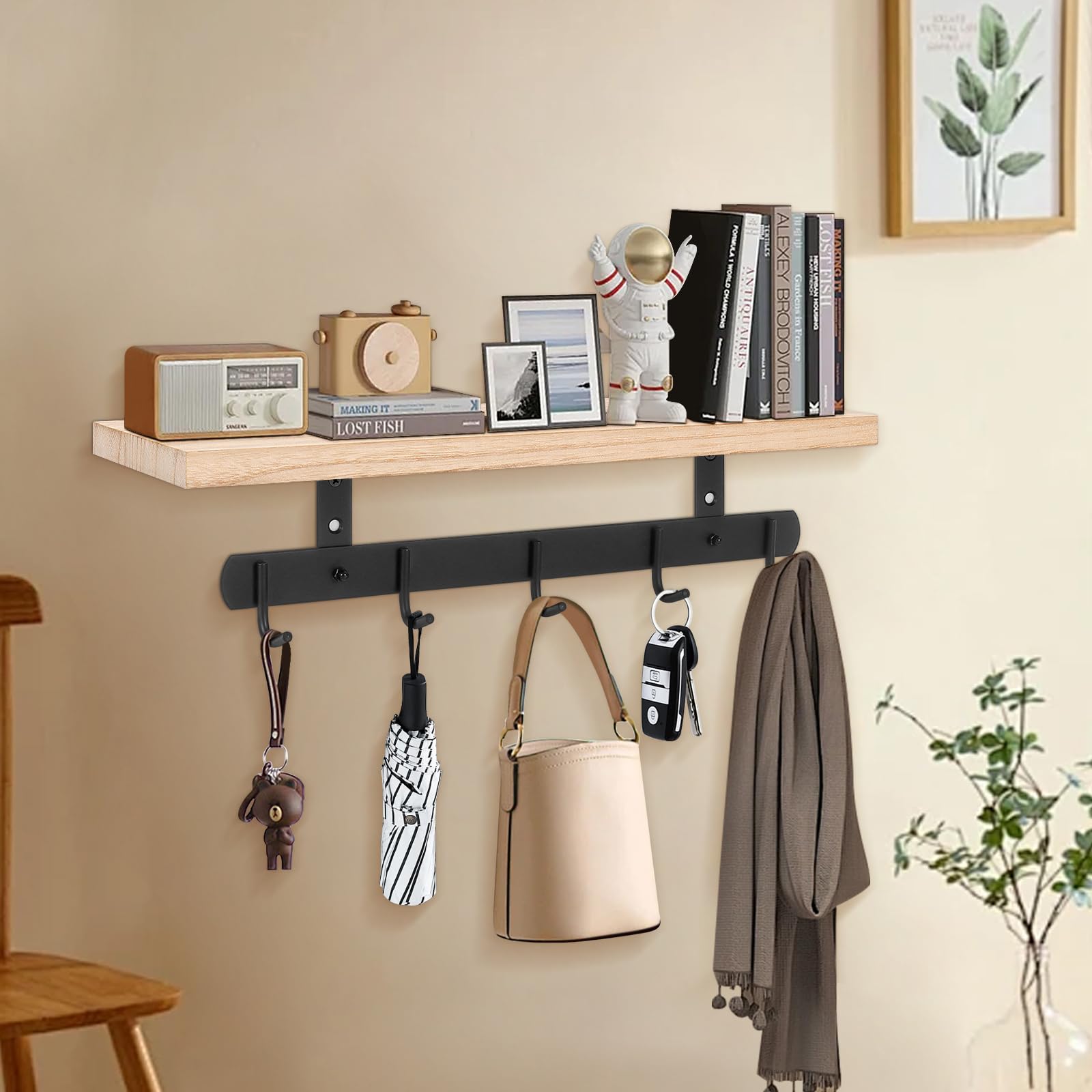 Livabber Wall Mounted Coat Rack with Wooden Shelf, Heavy Duty Wall Hanging Storage with 5 Stainless Steel Hooks for Bathroom, Entryway, Living Room, Bedroom (Black)