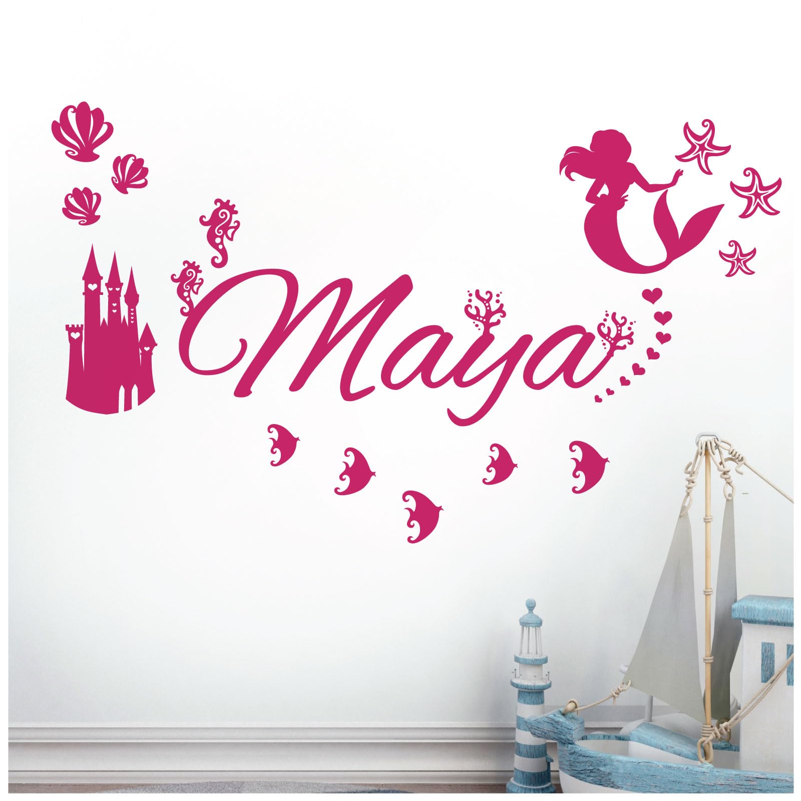 Personalised Name - Little Mermaid Inspired, Ocean, Castle, Starfish - Children's Bedroom Vinyl Wall Decal Sticker [Medium] [Magenta]