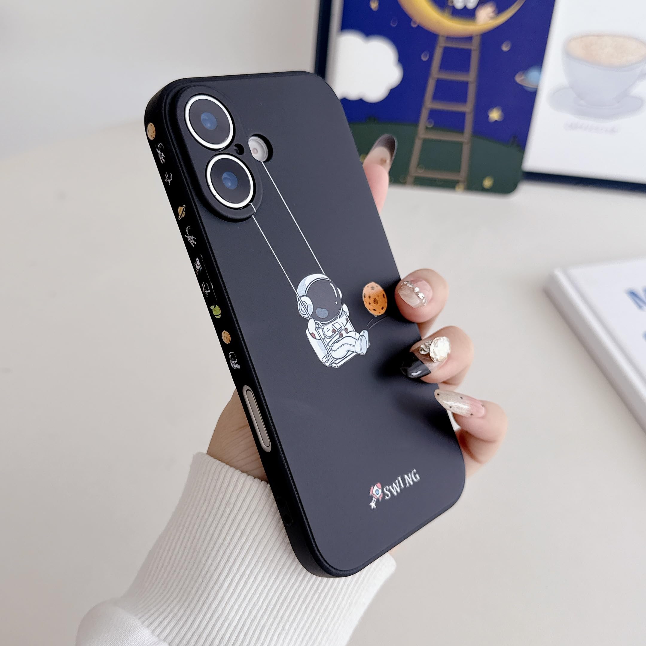 Yonds Queen for iPhone 17 Cute Case, Cool Cartoon Swing Astronaut Planet Moon Space Design Stylish Soft TPU Bumper Shockproof Anti-Slip Protector Fashion Case (Black Planet, iPhone 17) - 4