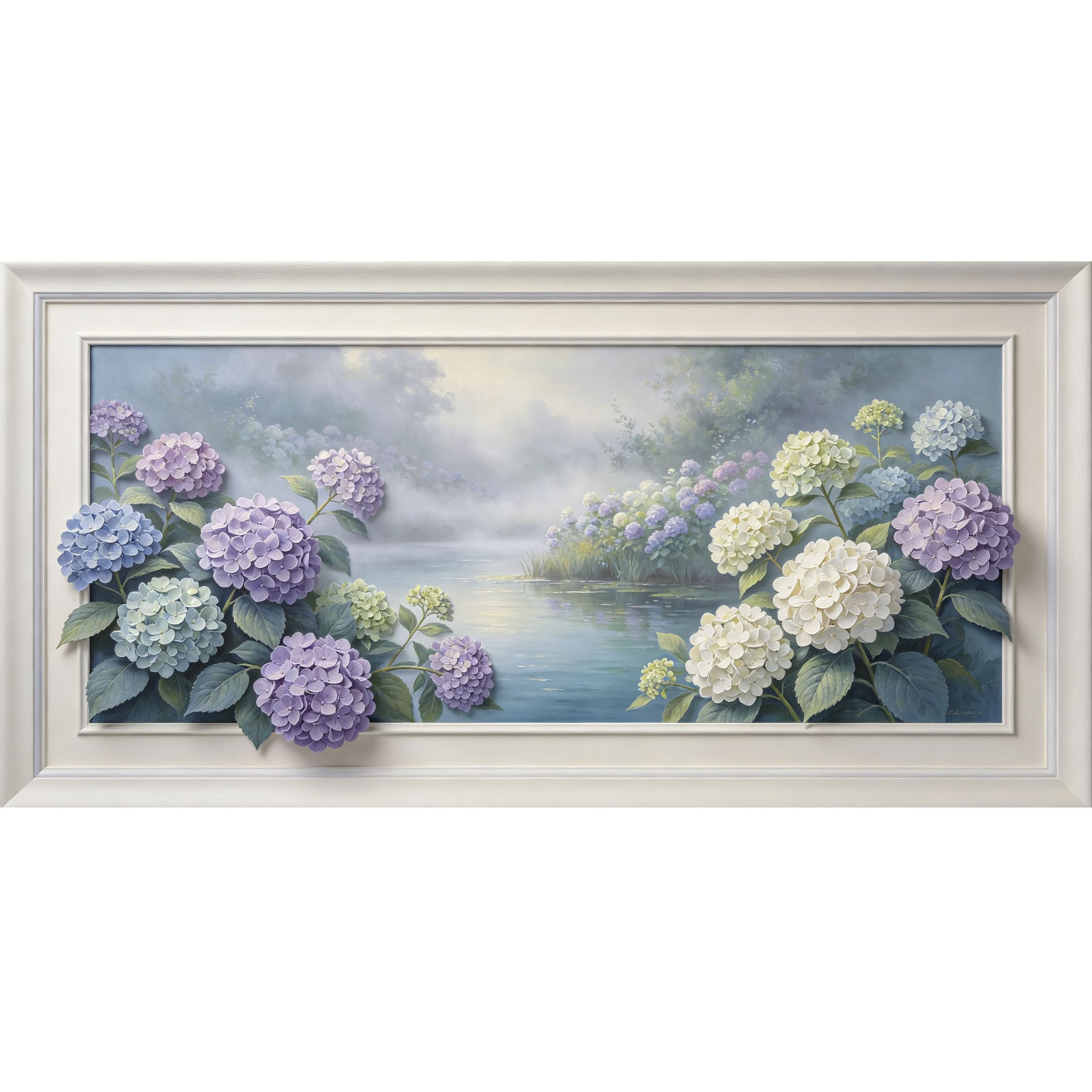 Agglomerix 3D Framed Wall Art Hydrangea Flower Pond Botanical Oil Painting 3D Effect Large Size SelfAdhesive Removable Wall Decor Prints Artwork for Living Room Bedroom Office