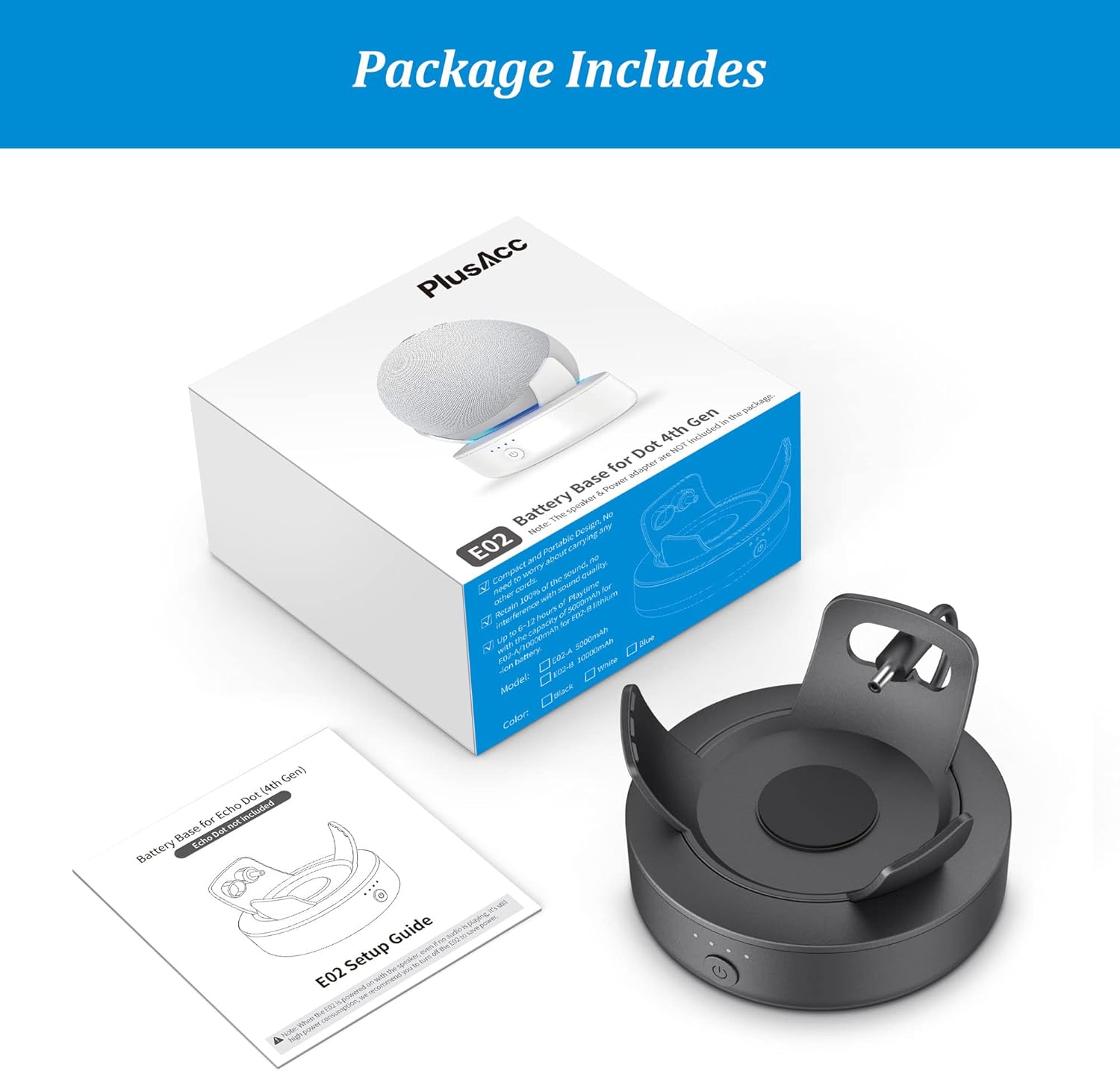 Image showing the PlusAcc battery base, its packaging, and the setup guide, indicating what is included in the package.