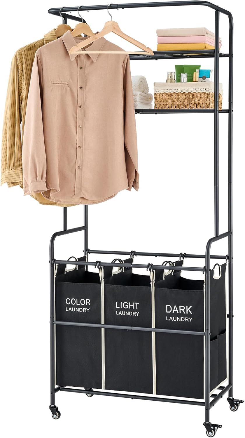 Laundry Sorter Cart with Hanging Rack, 3 Section Laundry Hamper Basket Butler Cart with 2 Tier Shelf, Rolling Lockable Wheels