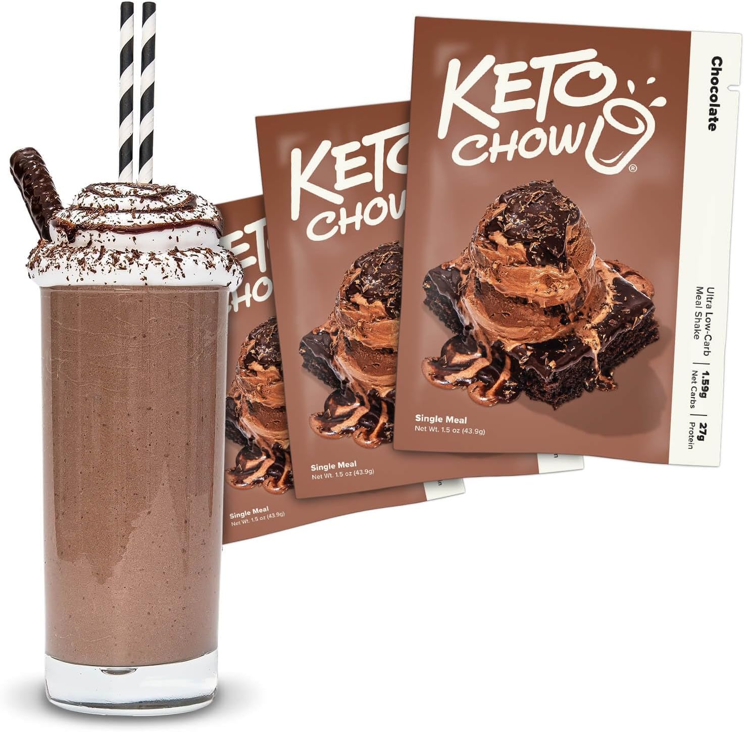 Chocolate - Keto Meal Replacement Shake Powder - Nutritionally Complete - Low Carb - Delicious Easy Meal Substitute - Protein Rich You Choose The Fat - Single Meal - 3 Pack
