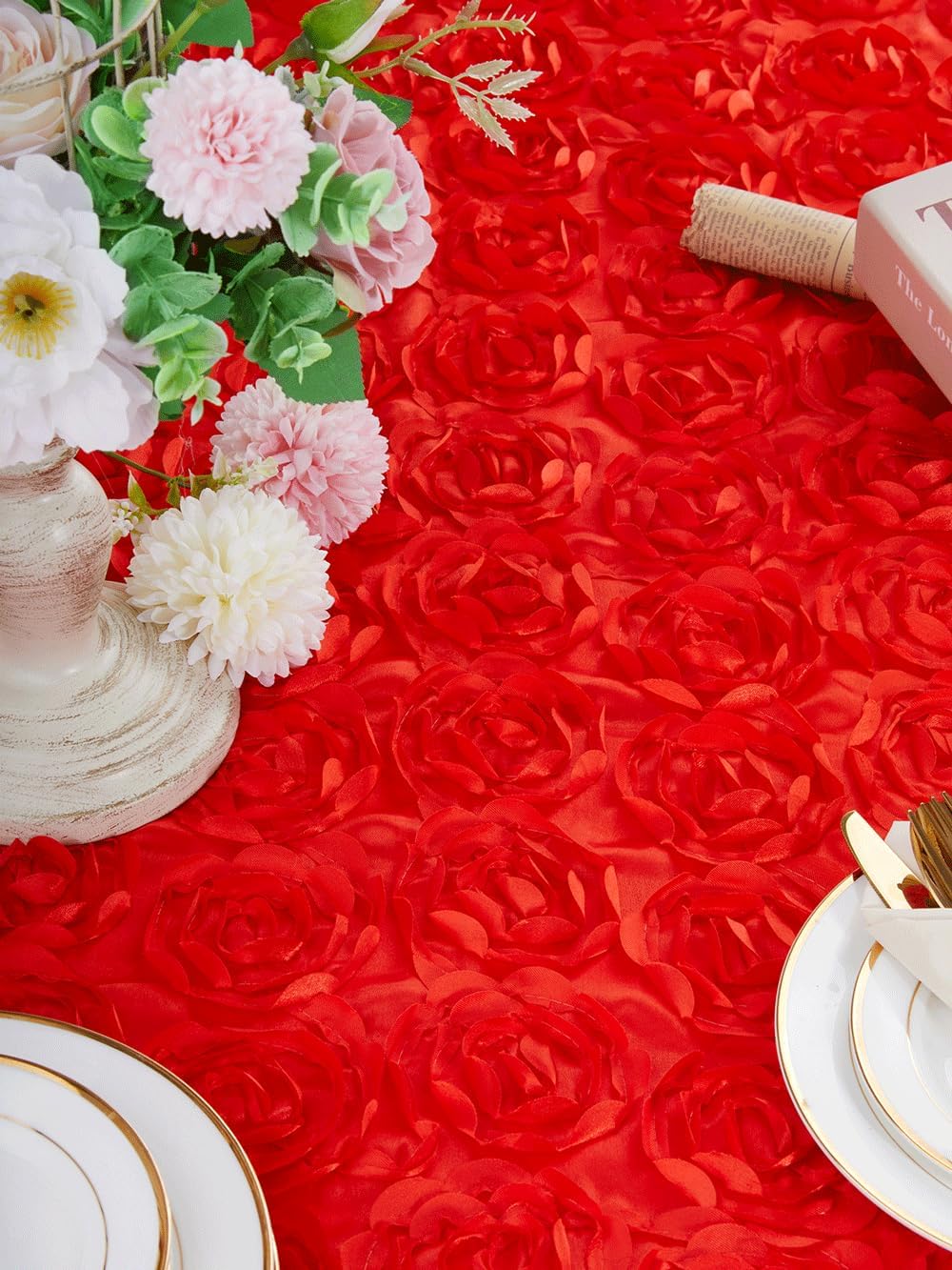 QueenDream Round Tablecloth 60 Inch Red Table Cloth Rosette Tablecloth 3D Floral Satin Table Cloth for Wedding Banquet Party Baby Shower Sweet Cake Birthday Tea Party