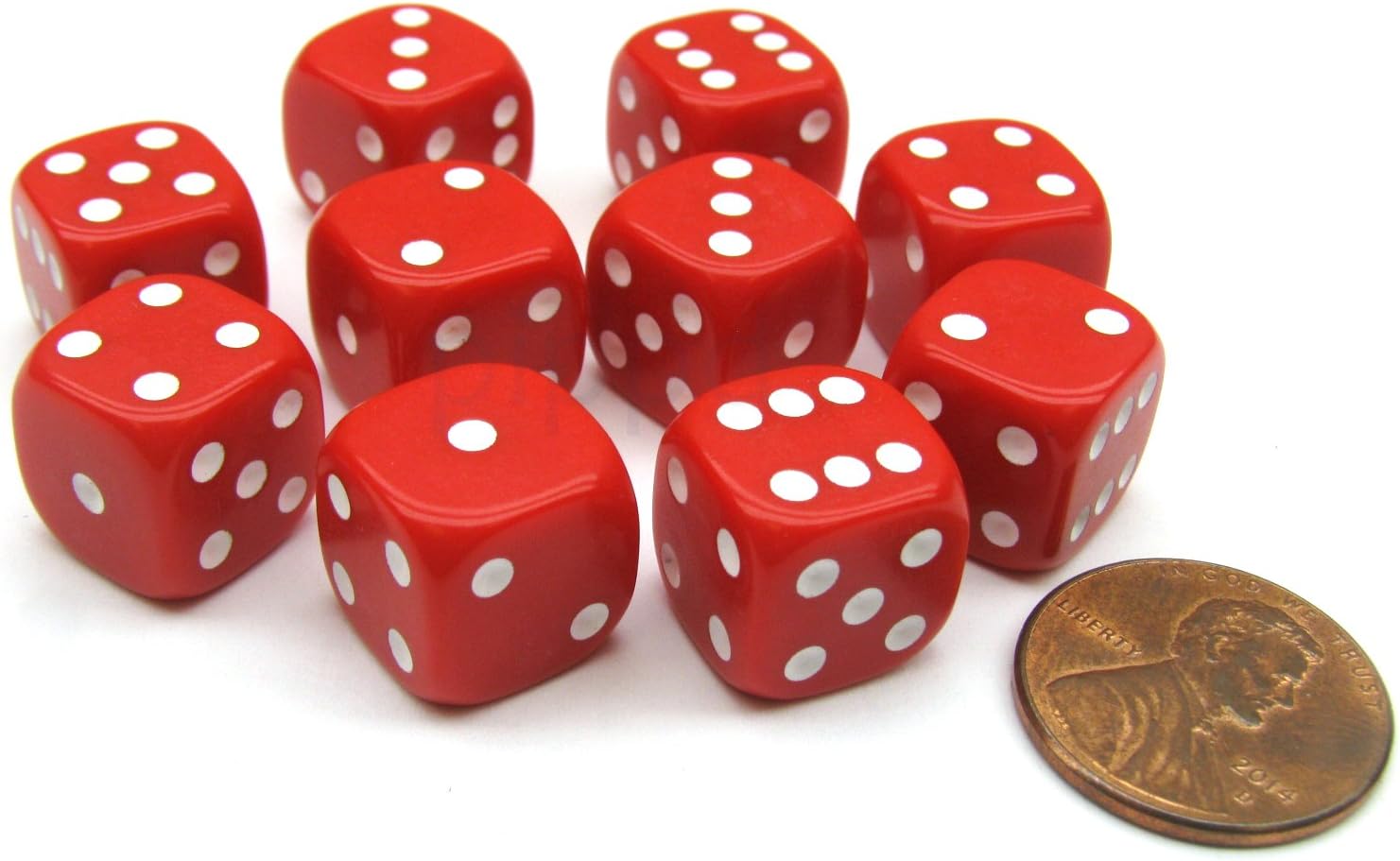 Pack of 10 12mm Round Edge Opaque Small Dice - Red with White Pips