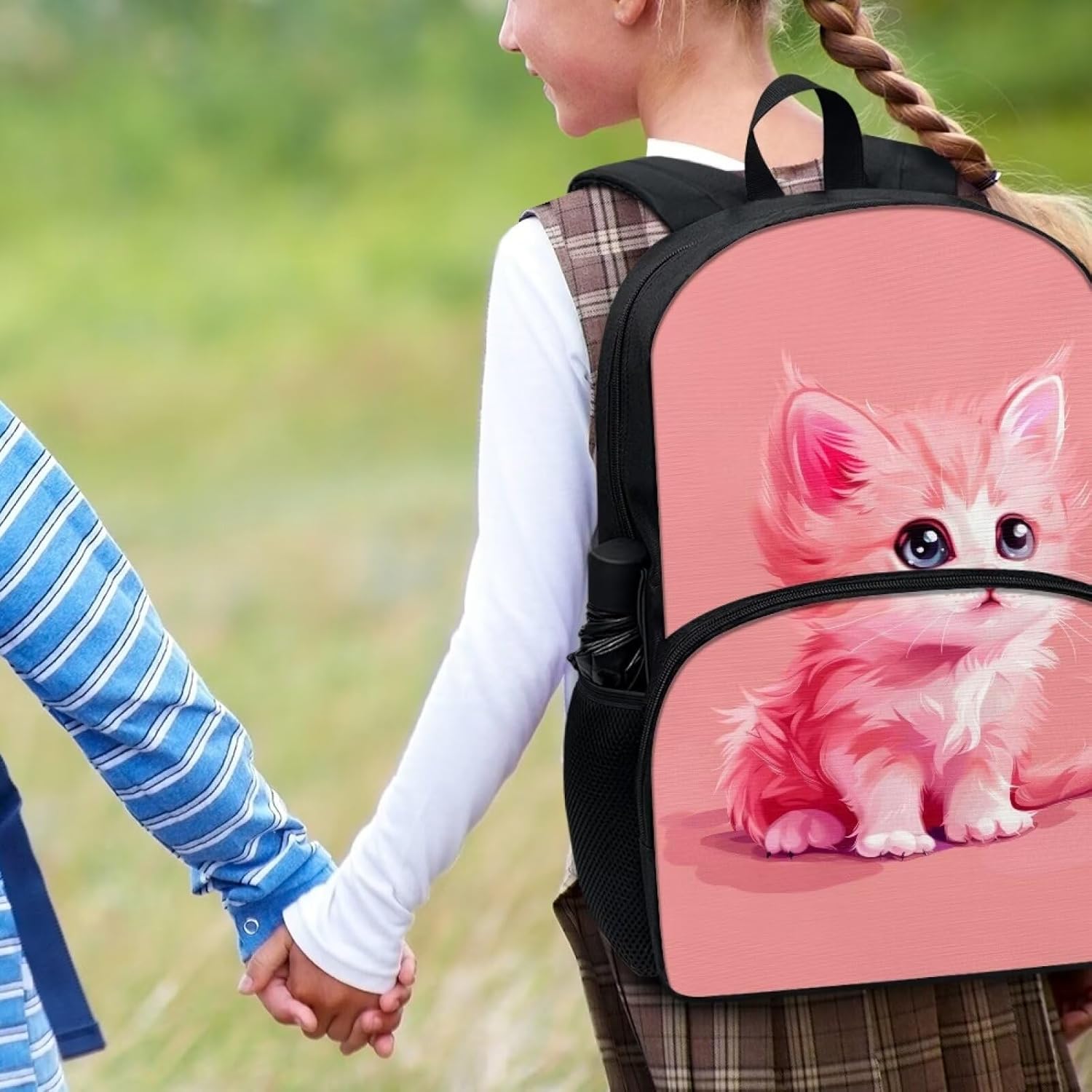 Pink Cat School Backpack for Girls 8-12 Toddler School Backpack Large Capacity Back Pack with Water Bottle Holder Daypack Shoulder Bags