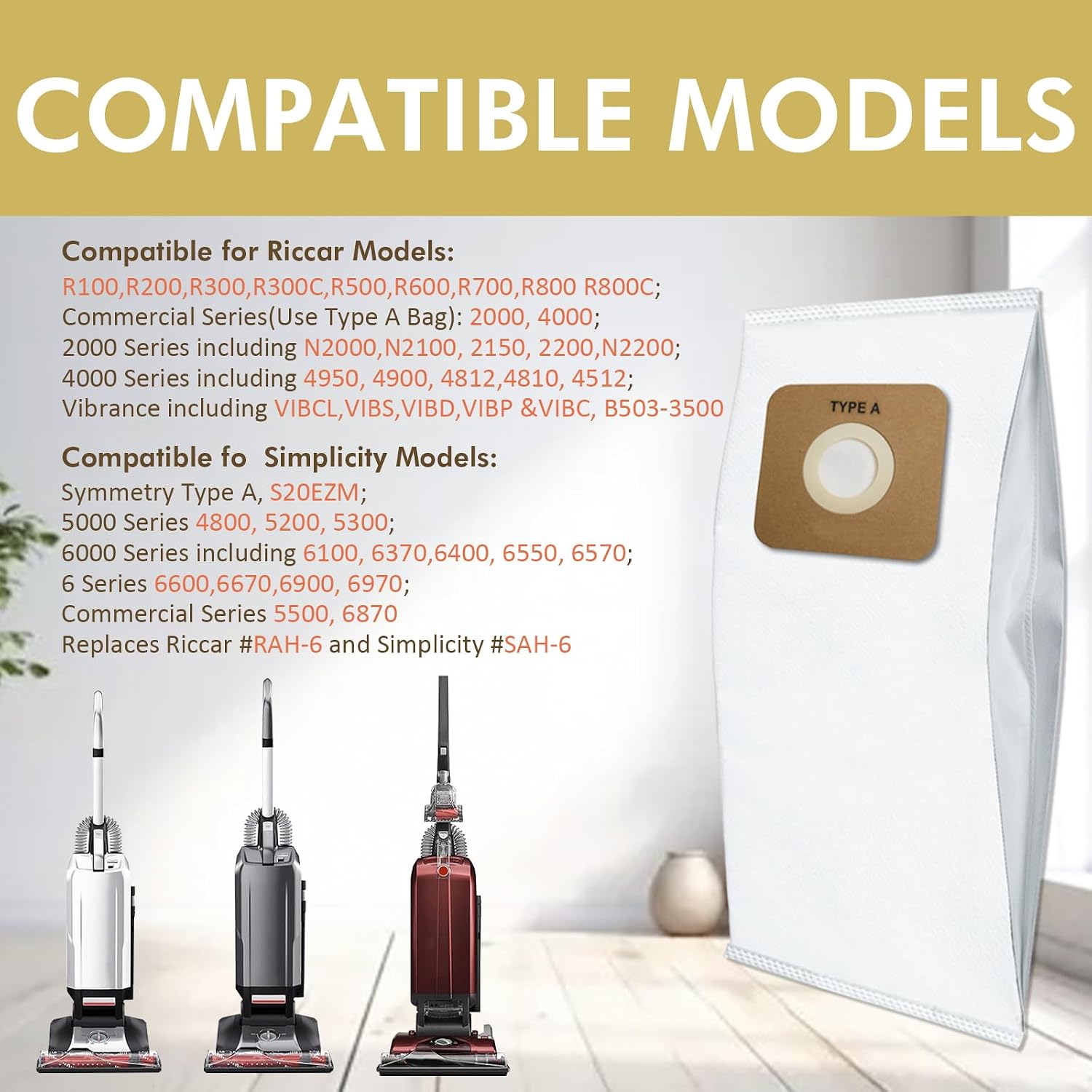 Type A Vacuum Bags Compatible for Riccar R-Series 2000 4000 Series & Fit for Simplicity Symmetry S20EZM 5000 6000 Series Upright Vacuum Cleaners, Part RAH-6/SAH-6