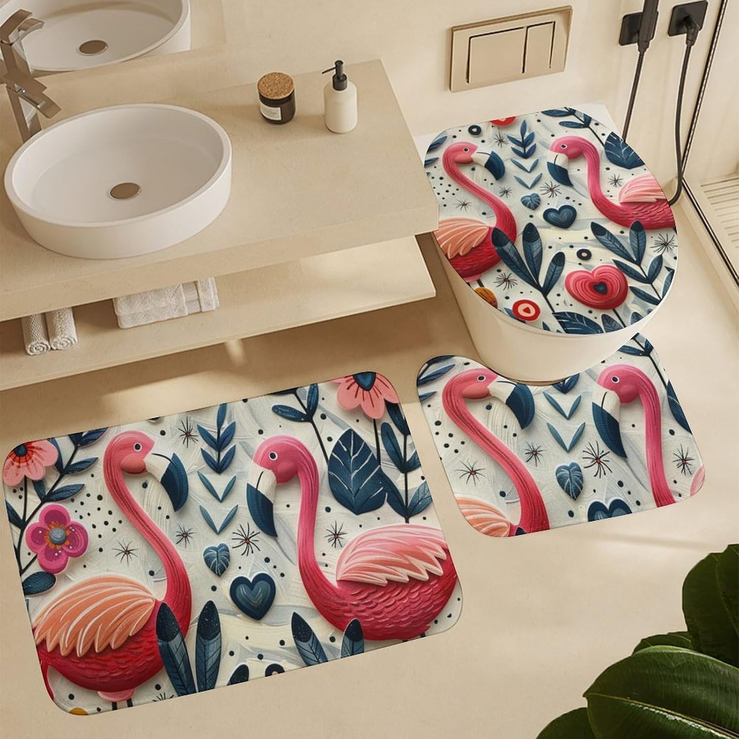 4Pcs Tropical Plant Flamingo Shower Curtain Sets, Bath Mat and Rugs, Funny Cartoon Bird Floral Shower Curtain with Hooks for Bathroom