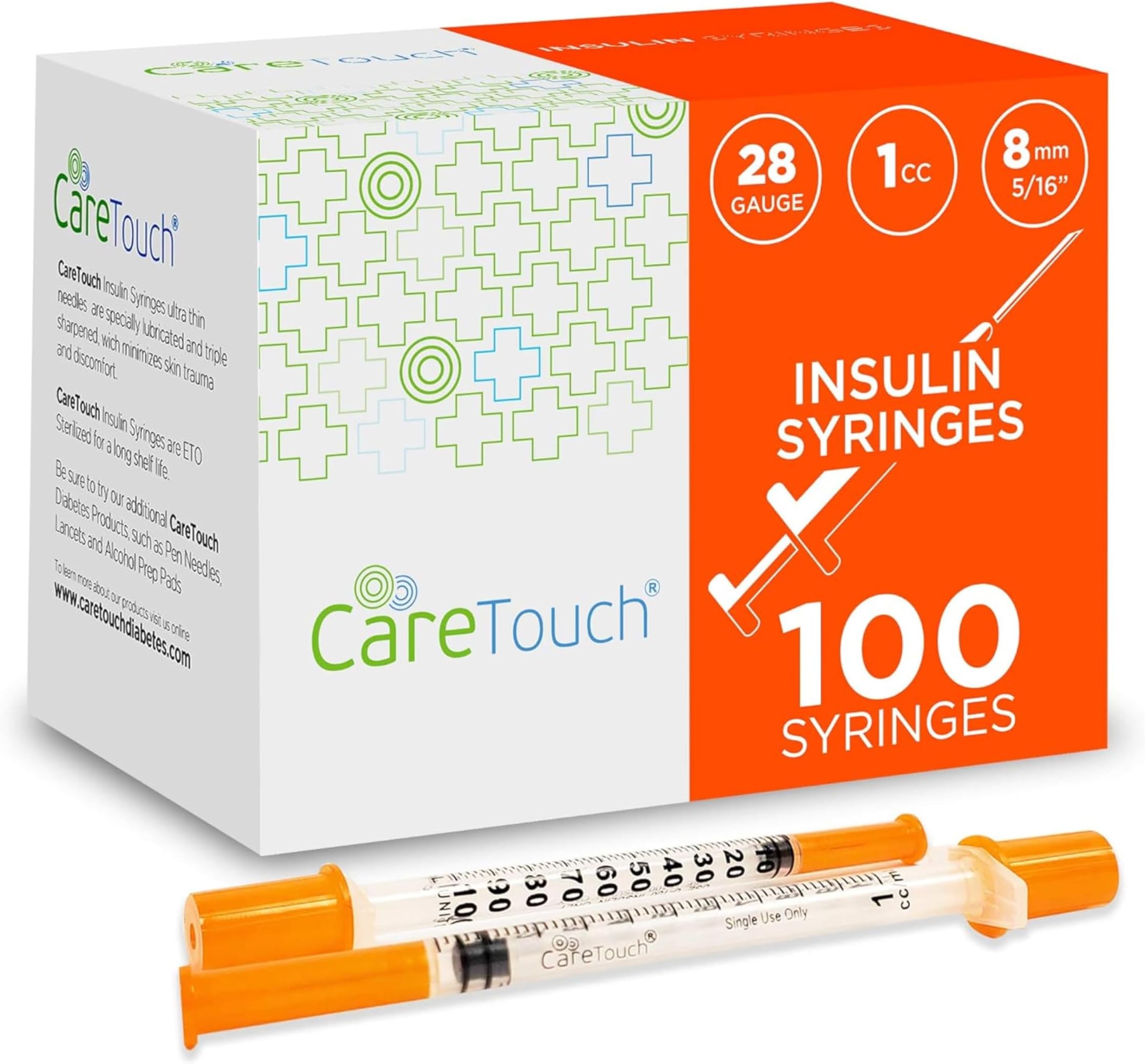 Care Touch Insulin Syringes - 28g 5/16" - 8 mm 1 cc (Pack of 100) (Package may Vary)