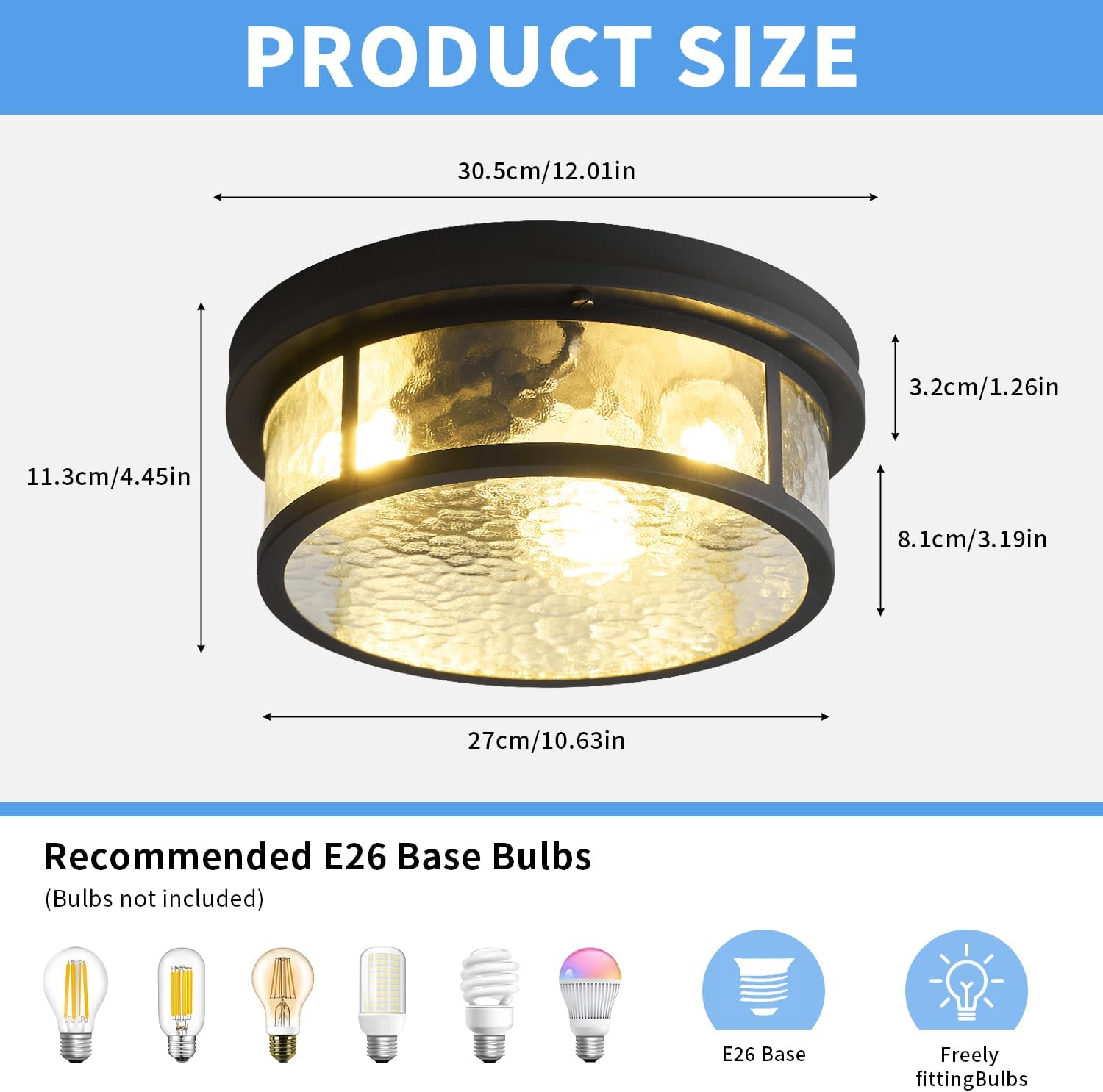 Adjustable Motion Sensor Flush Mount Ceiling Lights Fixture with Water Ripples Glass Shade,Round Matte Black Metal Modern Ceiling Lamp for Entryway,Hallway,Porch,Patio and Garage,12 inch,3-Light