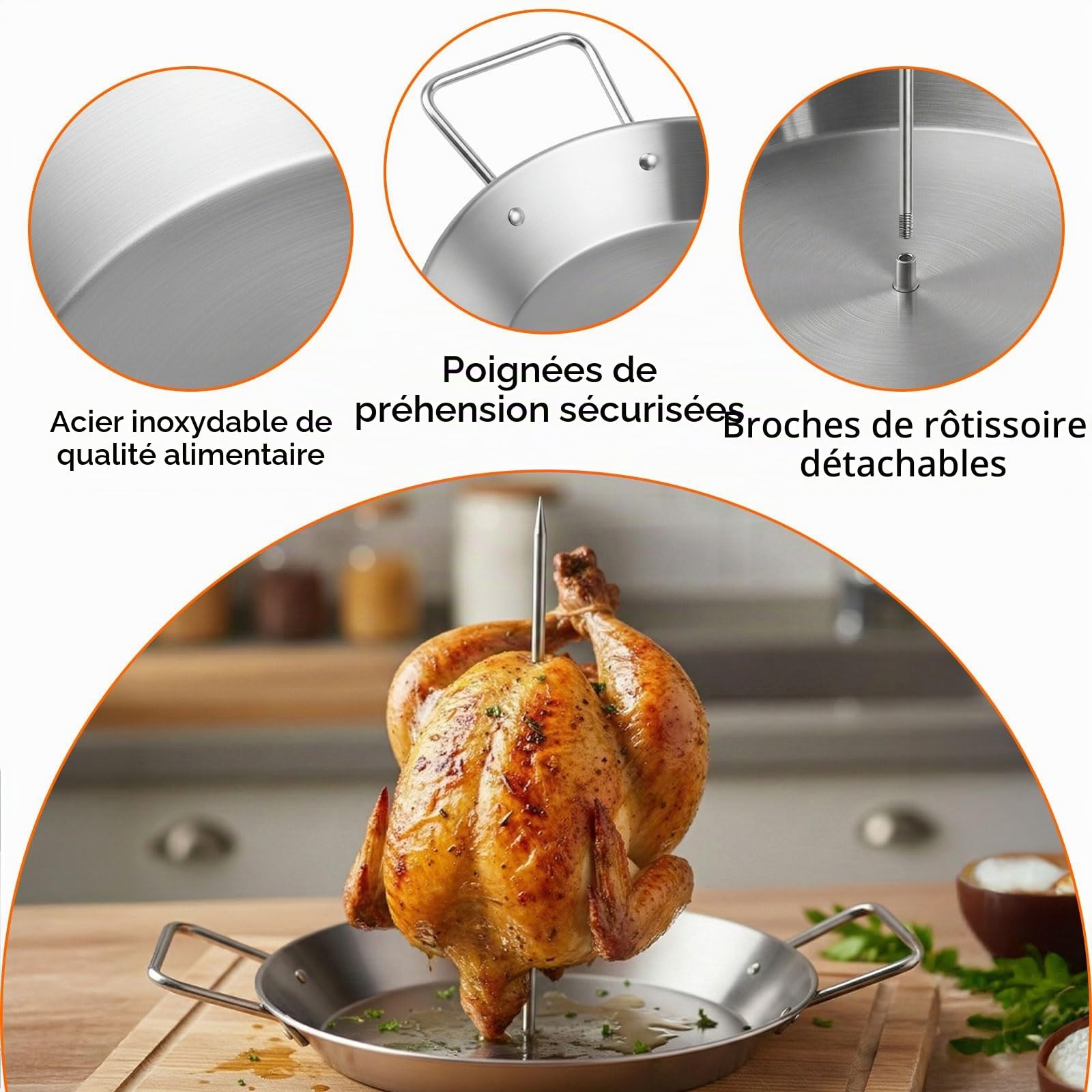 Brochettes Vertical pour Barbecue avec Plateau de 10 Pouces, 5 Broches à Kebab Amovibles en Acier Inoxydable & Pinceau en Silicone, Support pour Broche à Poulet pour Viande, Döner & Shawarma