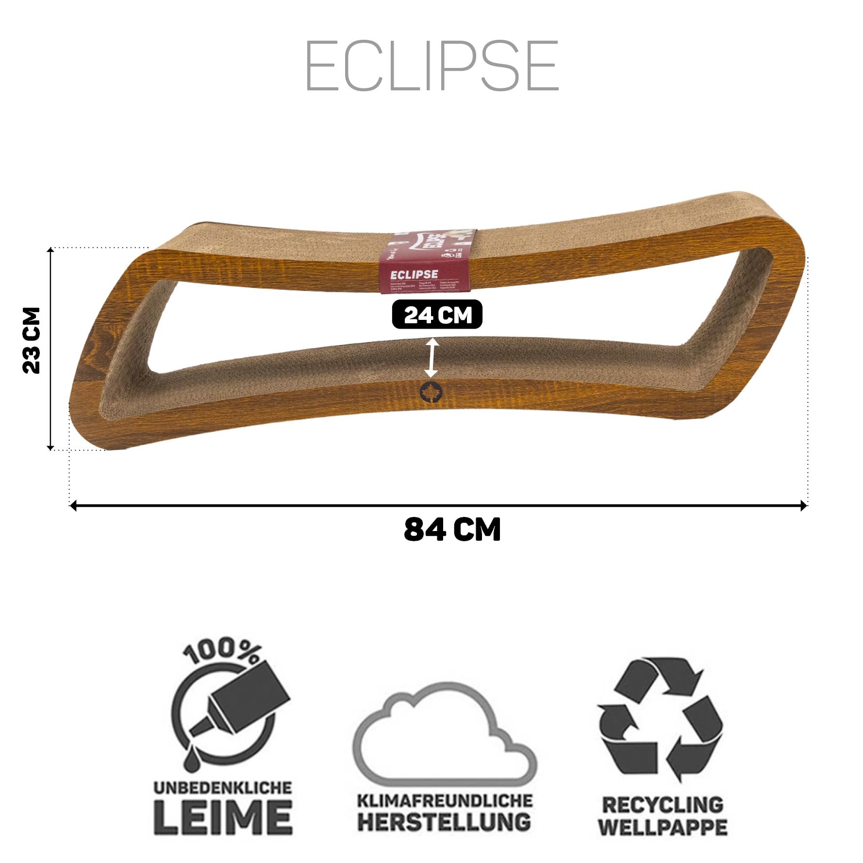 CanadianCat Company | Kratzbrett Eclipse für Katzen - 84 x 24 x 23 cm - doppelseitig nutzbar - stabile Wellpappe - Holzoptik Walnuss - Kratzmöbel & Liegeplatz