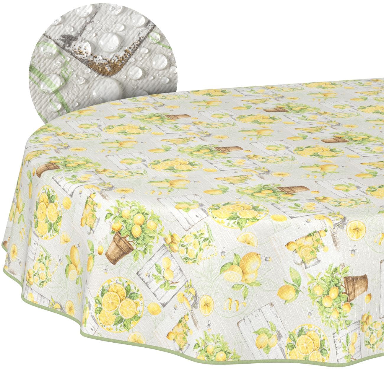 Oilcloth Tablecloth, Washable, Wax Tablecloth, Easy Care, Water-Repellent, Lotus Effect, Outdoor, Lemon Oilcloth, Garden Tablecloth, Lemons, Oval, 240 x 140 cm with Hem (Edged)