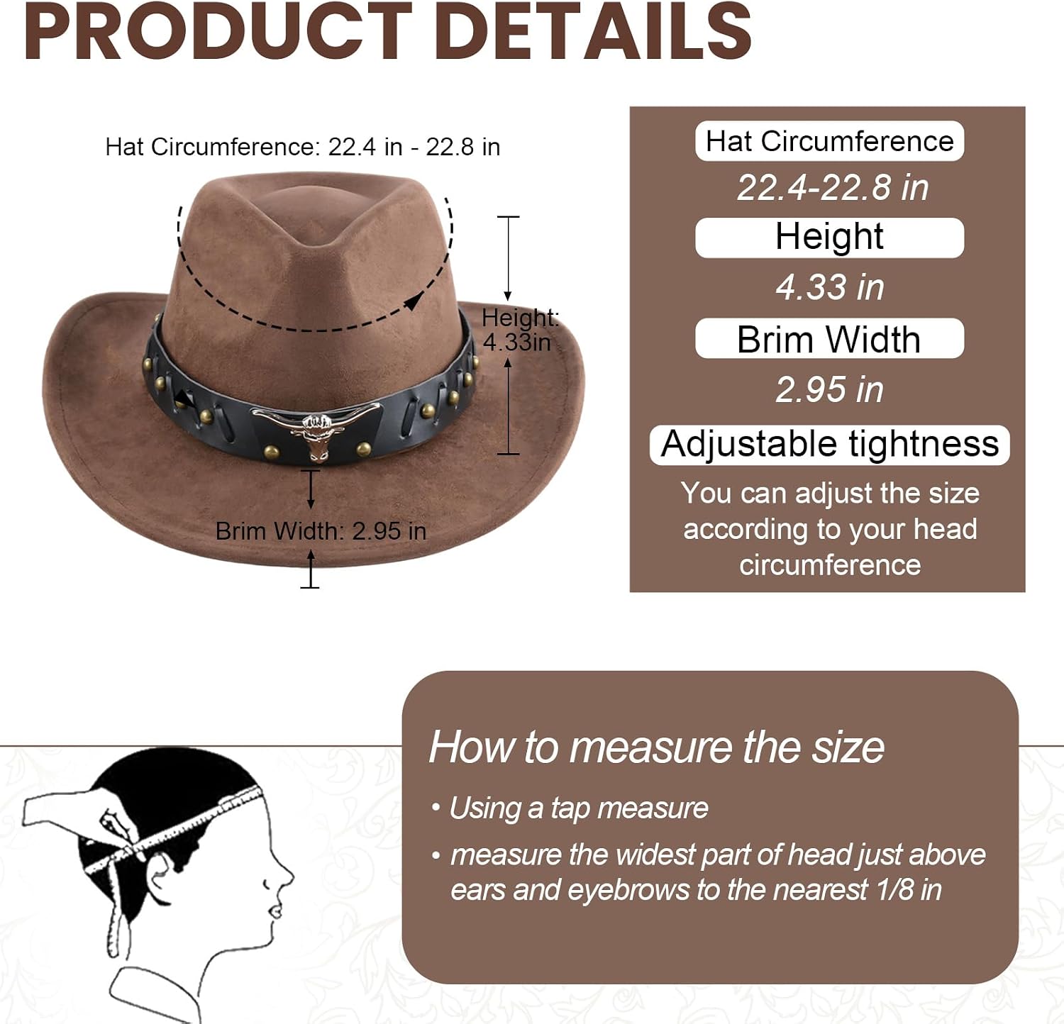 Wide Brim Cowboy Hat for Men and Women, Brown Cowboy Hatt for Men Stylish Western Hat for Parties and Outdoor Activities