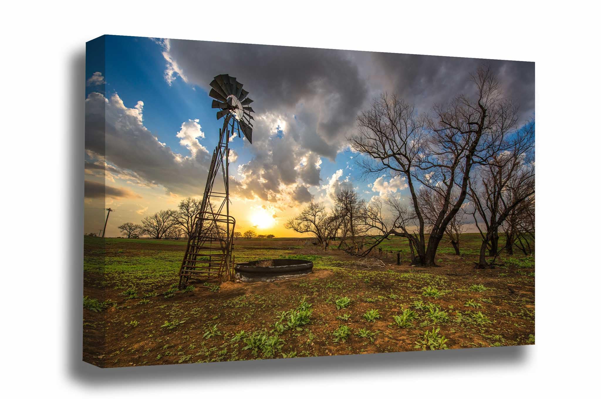 Prairie Canvas Wall Art (Ready to Hang) Gallery Wrap of Old Windmill and Charred Trees at Sunset in Kansas - Country Farmhouse Decor (.75, 8
