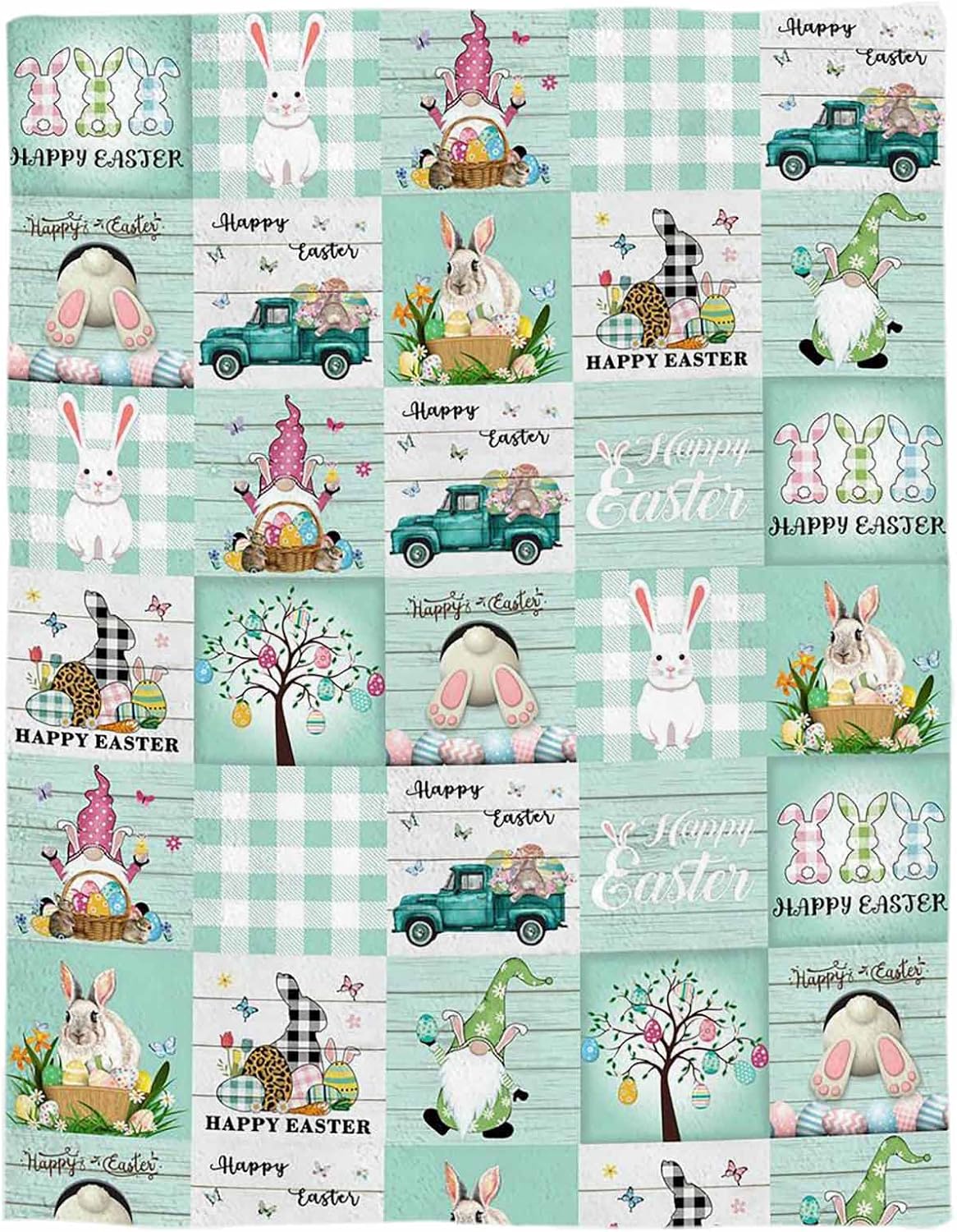 Easter Rabbits Blanket Super Soft Flannel Fleece Easter Element Cute Gnome Rabbits Tail Tree Colorful Eggs Teal Truck Aqua Plaid Throw Blanket Cozy Fuzzy Plush Bed Blankets for Couch Sofa 50x60inch