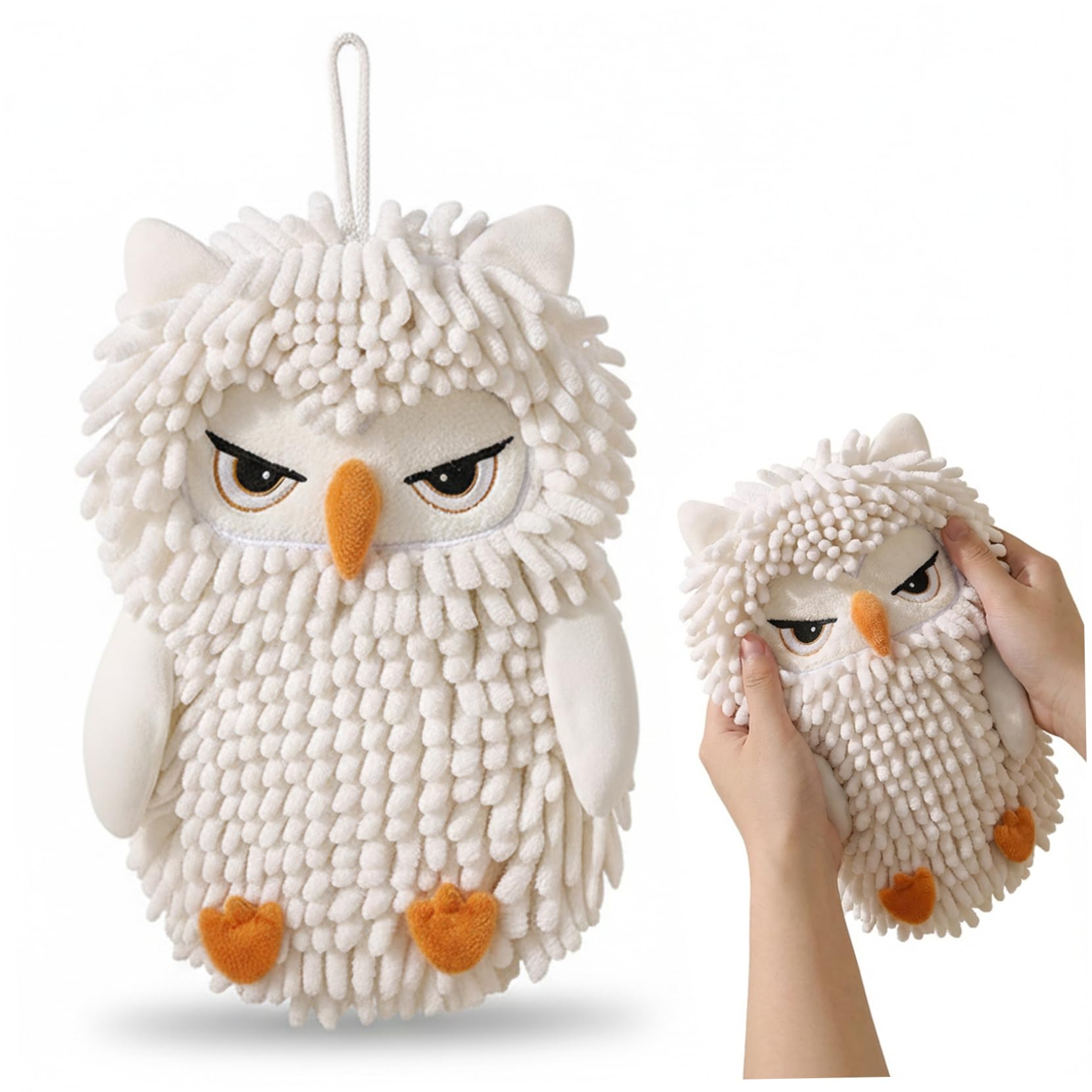 Xoeryoy Chenille Hand Towel, Cartoon Owl Hand Towel with Fuzzy Balls, Absorbent Fast-Drying Soft Hanging Cloth for Bathroom and Kitchen