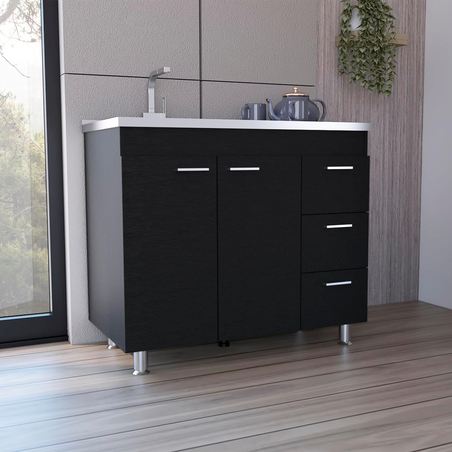 Utility Sink With Three Drawers And Double Door Cabinet Black
