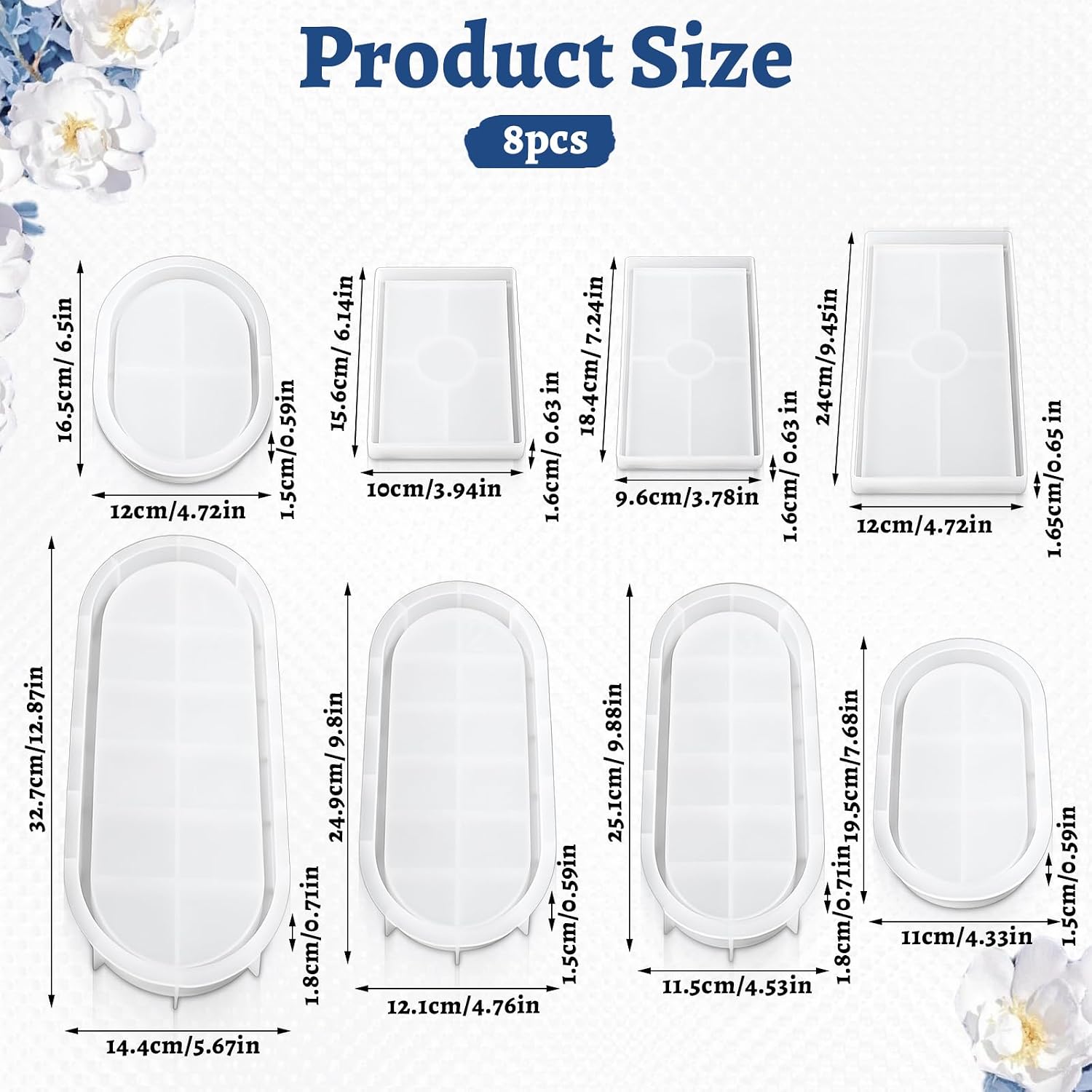 8 Sizes Epoxy Resin Silicone Molds Kit, Rectangular/Oval Resin Art Display Mold, Soft and Easy to Unmold, Silicone Casting Molds, for Soap, Candles, Specimen, Dried Flower, DIY Handicrafts